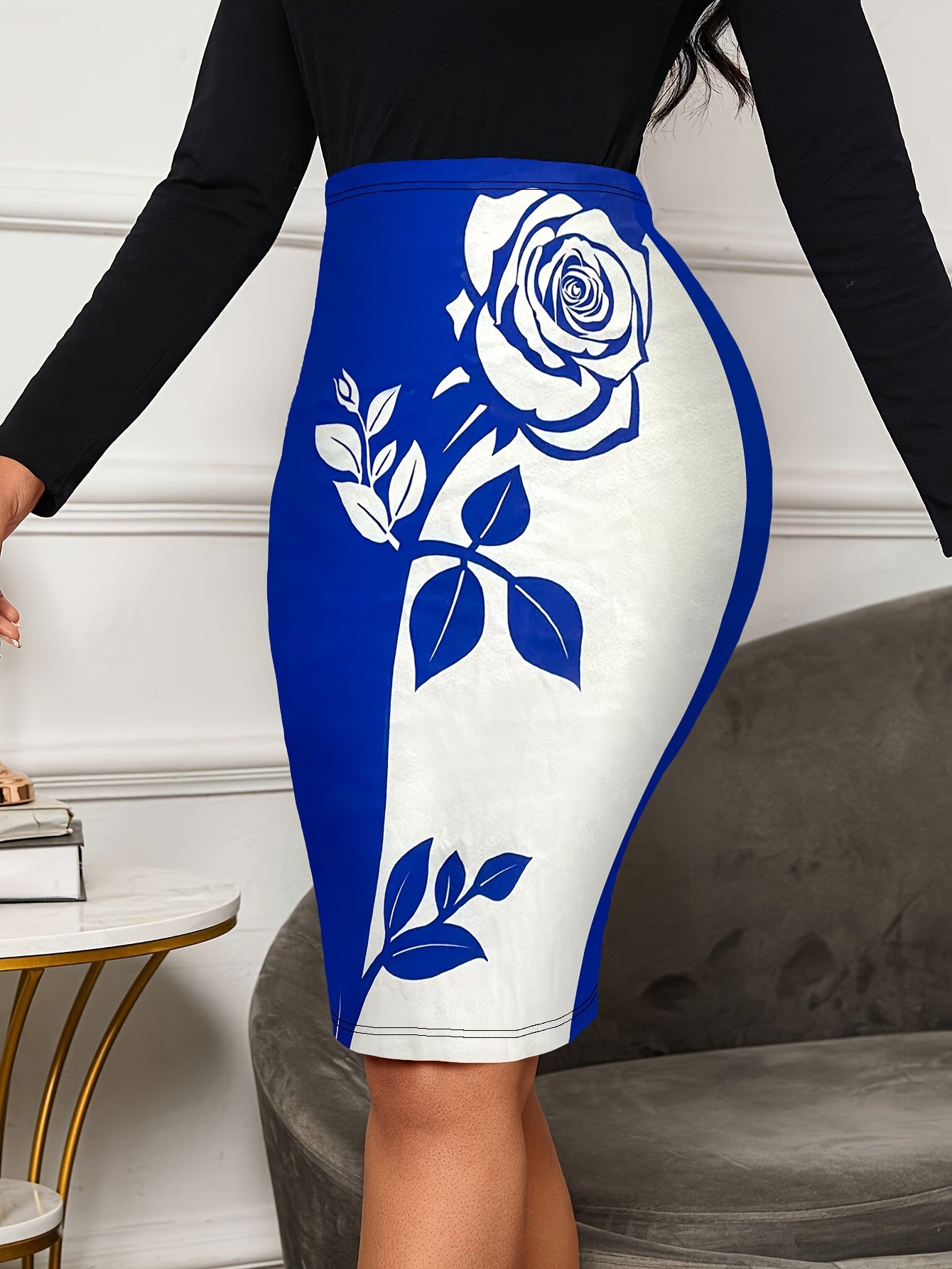 Color Block Rose Print Slim Skirt, Elegant High Waist Skirt For Spring & Summer, Women's Clothing