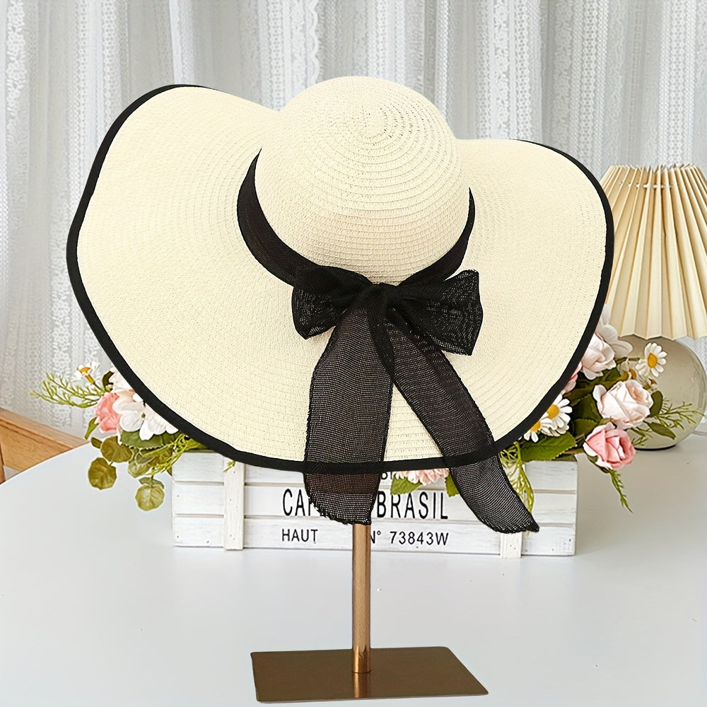 Chic Wide Brim Straw Sun Hat for Women - Trendy Korean Style with Sweet Bow, UV Protection, Perfect for Beach & Summer Trips