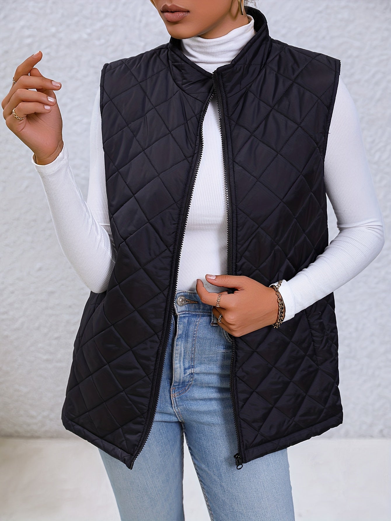 Argyle High Neck Sleeveless Vest, Casual Zip Up Versatile Outerwear, Women's Clothing