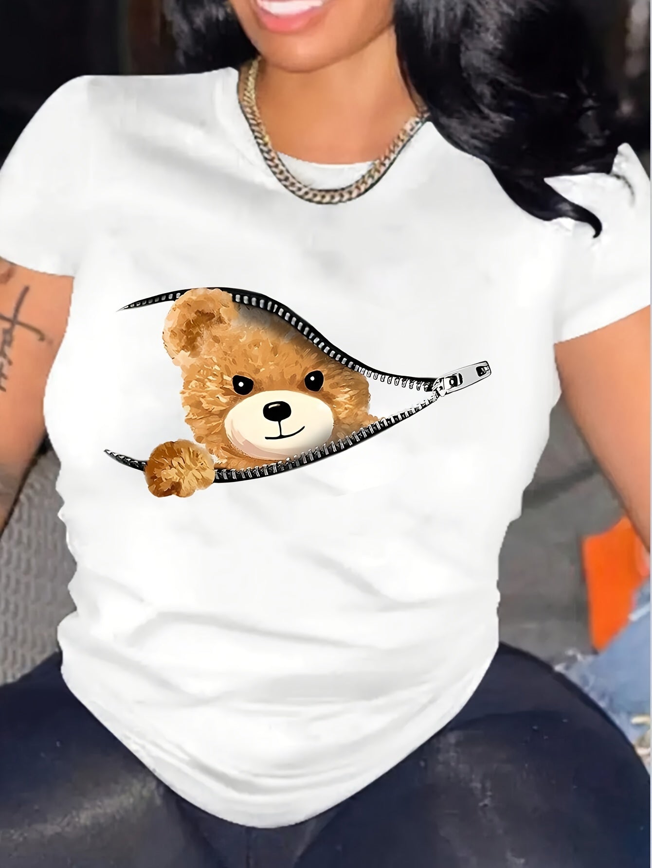 Cartoon Bear Print T-shirt, Short Sleeve Crew Neck Casual Top For Summer & Spring, Women's Clothing