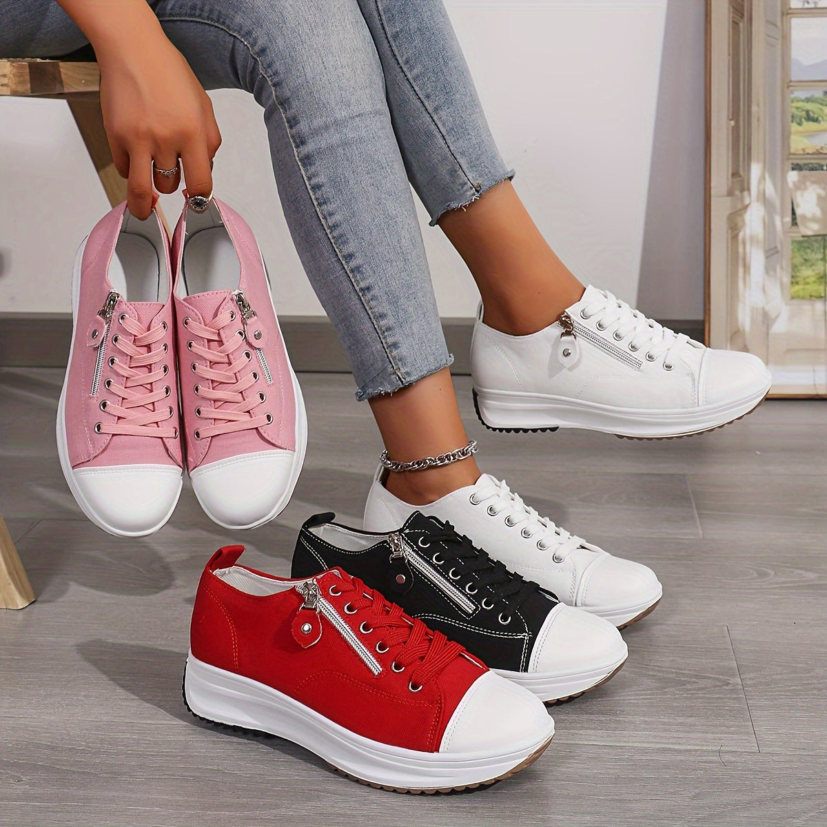 Women's Classic Solid Color Canvas Fashion Sneakers - Low Top Casual Shoes with Lace-Up Closure, Breathable Fabric Upper and Lining, Plain Toe Design, Durable Rubber Sole, Comfortable All-Season Footwear