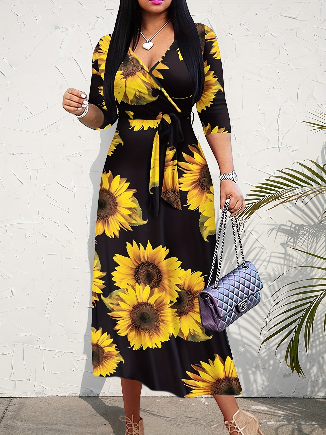 Sunflower Print Dress, Casual V Neck 3/4 Sleeve Dress, Women's Clothing