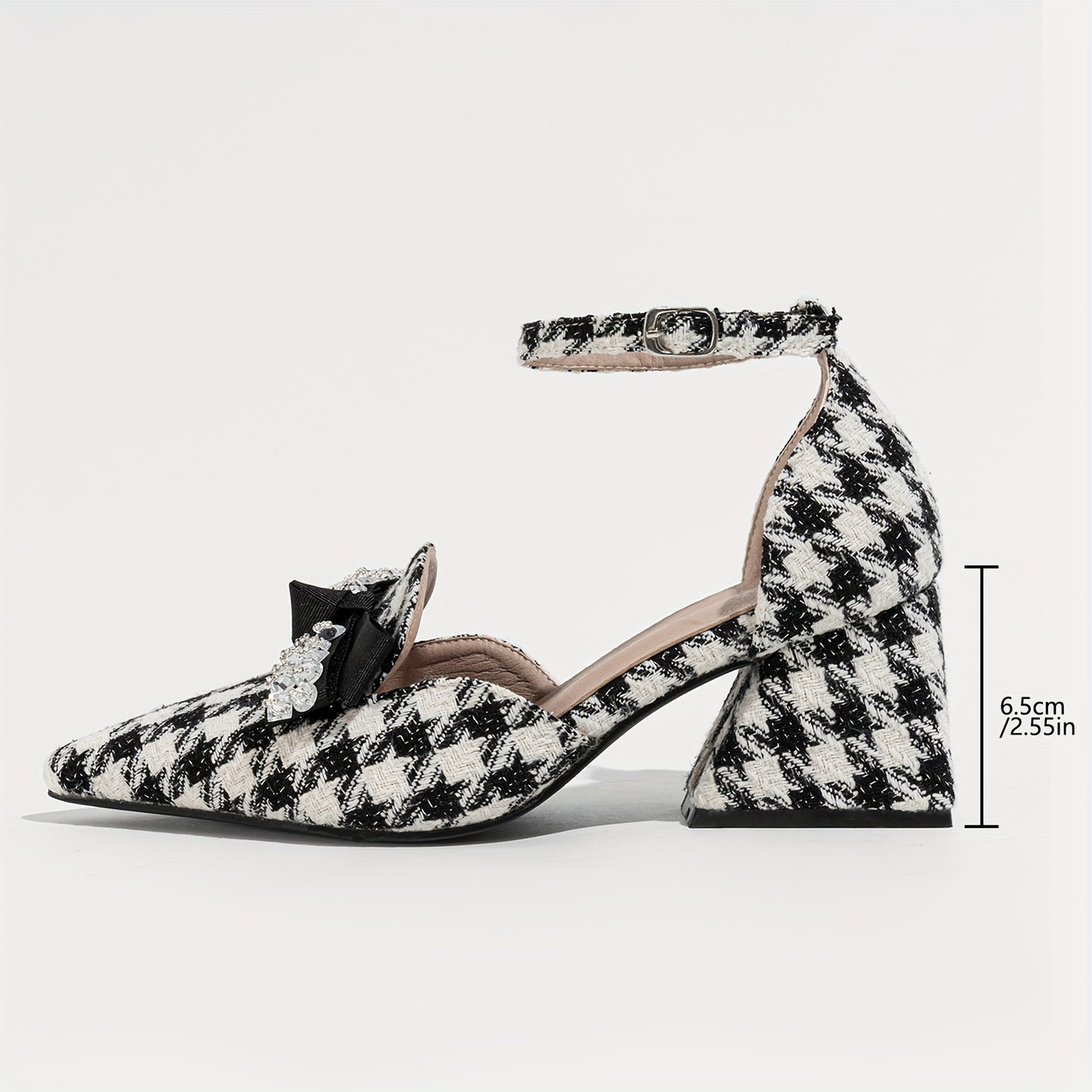 Women's Houndstooth Pattern Chunky Heels, Elegant Point Toe Dress Pumps, Stylish Bowknot Decor Buckle Strap Heels