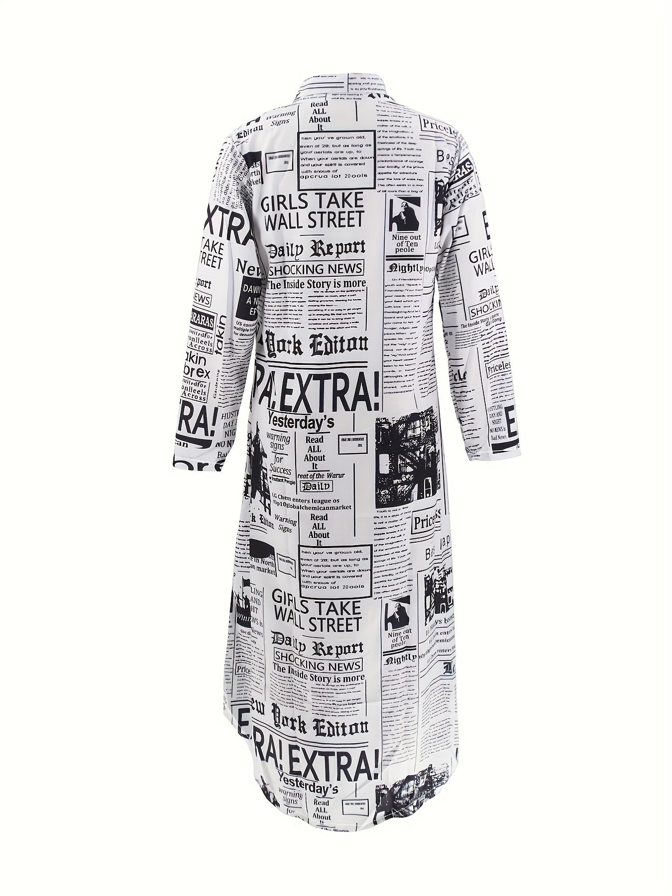 Newspaper Print Shirt Dress, Casual Button Front Long Sleeve Dress, Women's Clothing