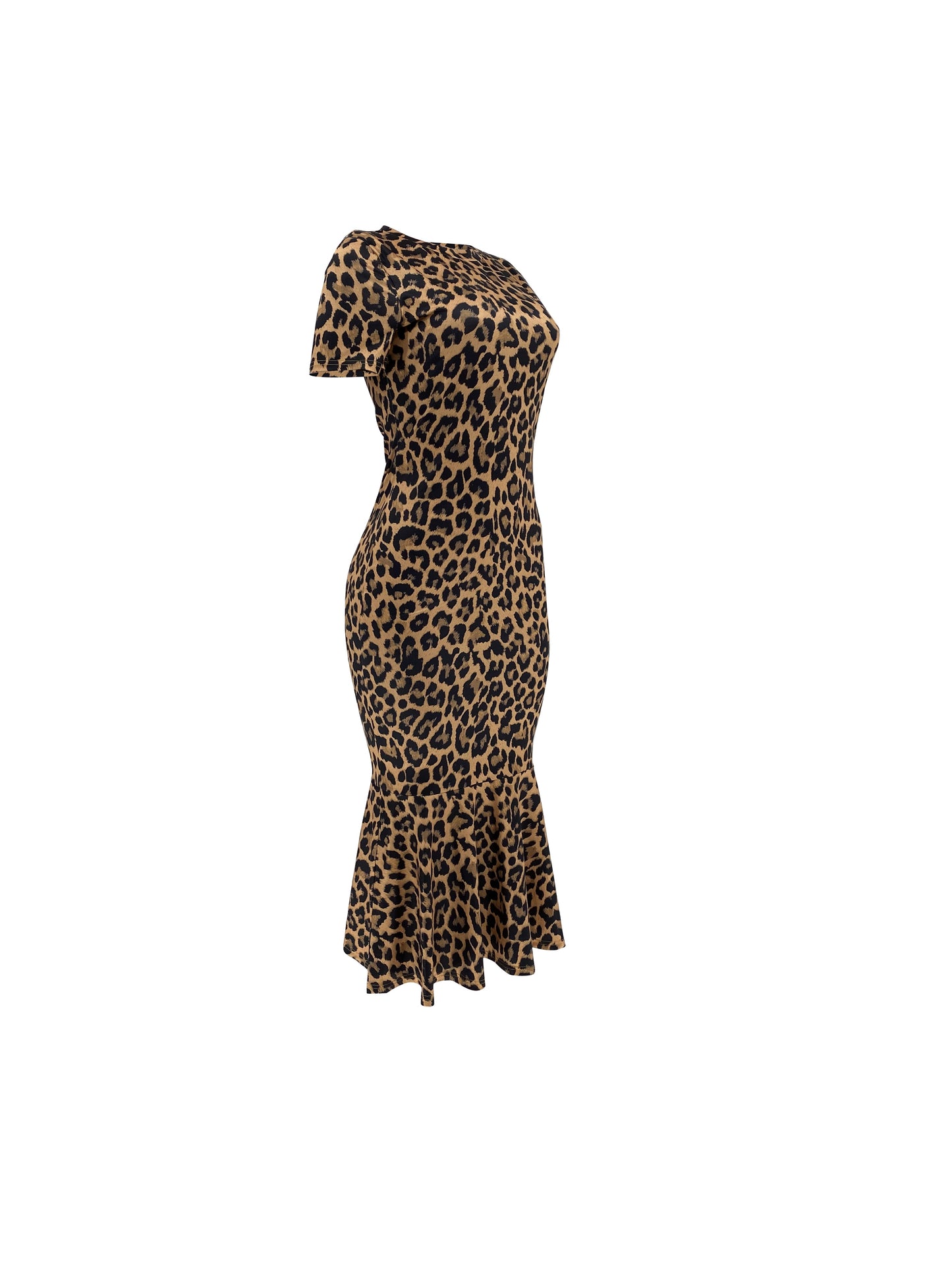 Leopard Print Bodycon Crew Neck Dress, Elegant Short Sleeve Dress For Spring & Summer, Women's Clothing