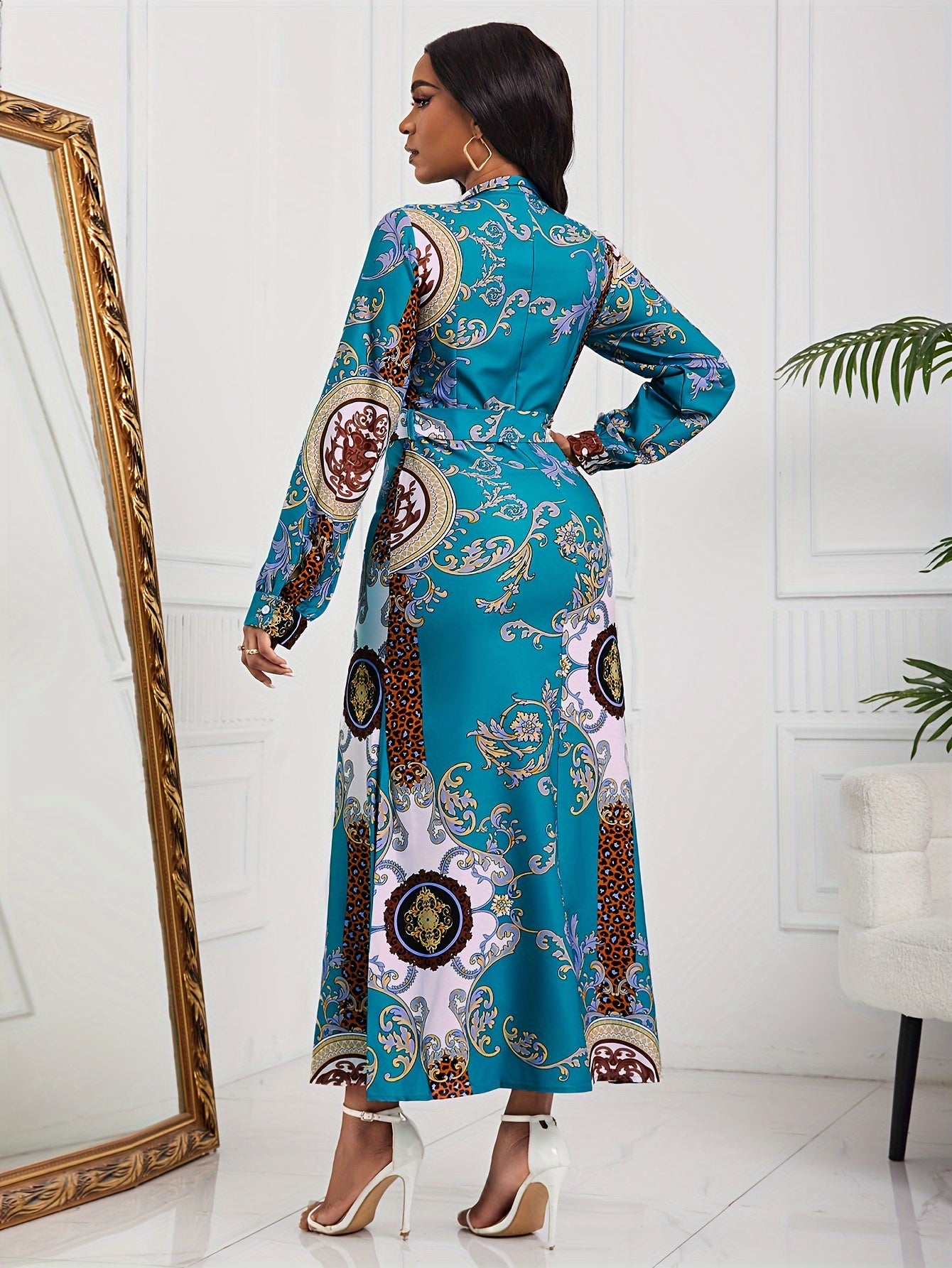 Tribal Print Tie Neck Dress, Elegant Long Sleeve Maxi Dress For Spring & Fall, Women's Clothing