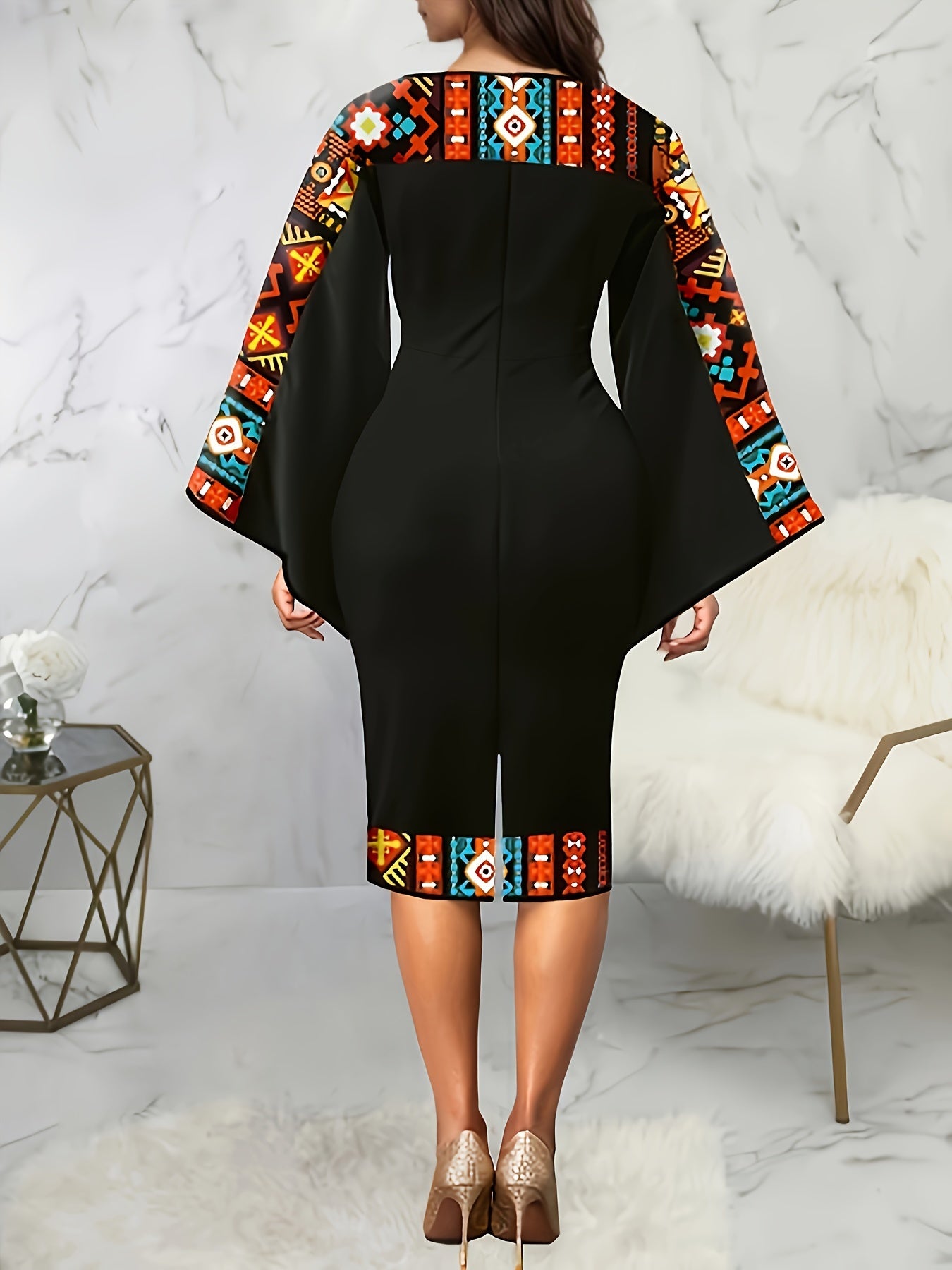 Ethnic Geo Print Color Block Dress, Elegant Flare Sleeve Bodycon Split Back Dress For Spring & Fall, Women's Clothing