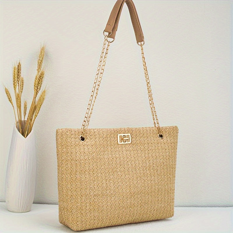 Straw Woven Versatile Portable Shoulder Bag, Large Capacity Tote Bag For Vacation