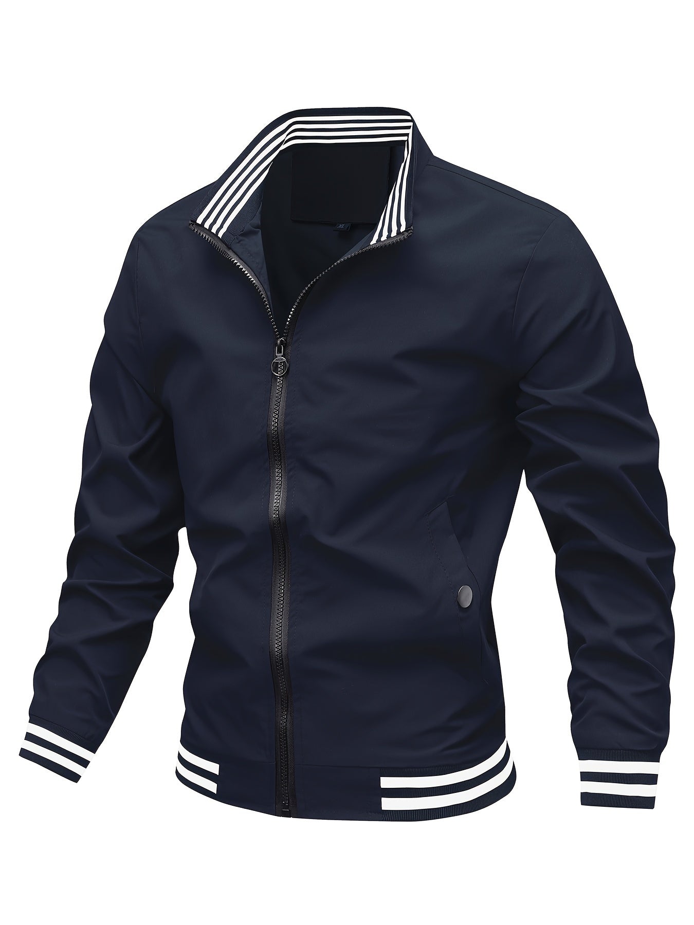 Men's Striped Jacket With Pockets, Casual Stand Collar Zip Up Long Sleeve Outwear For Outdoor