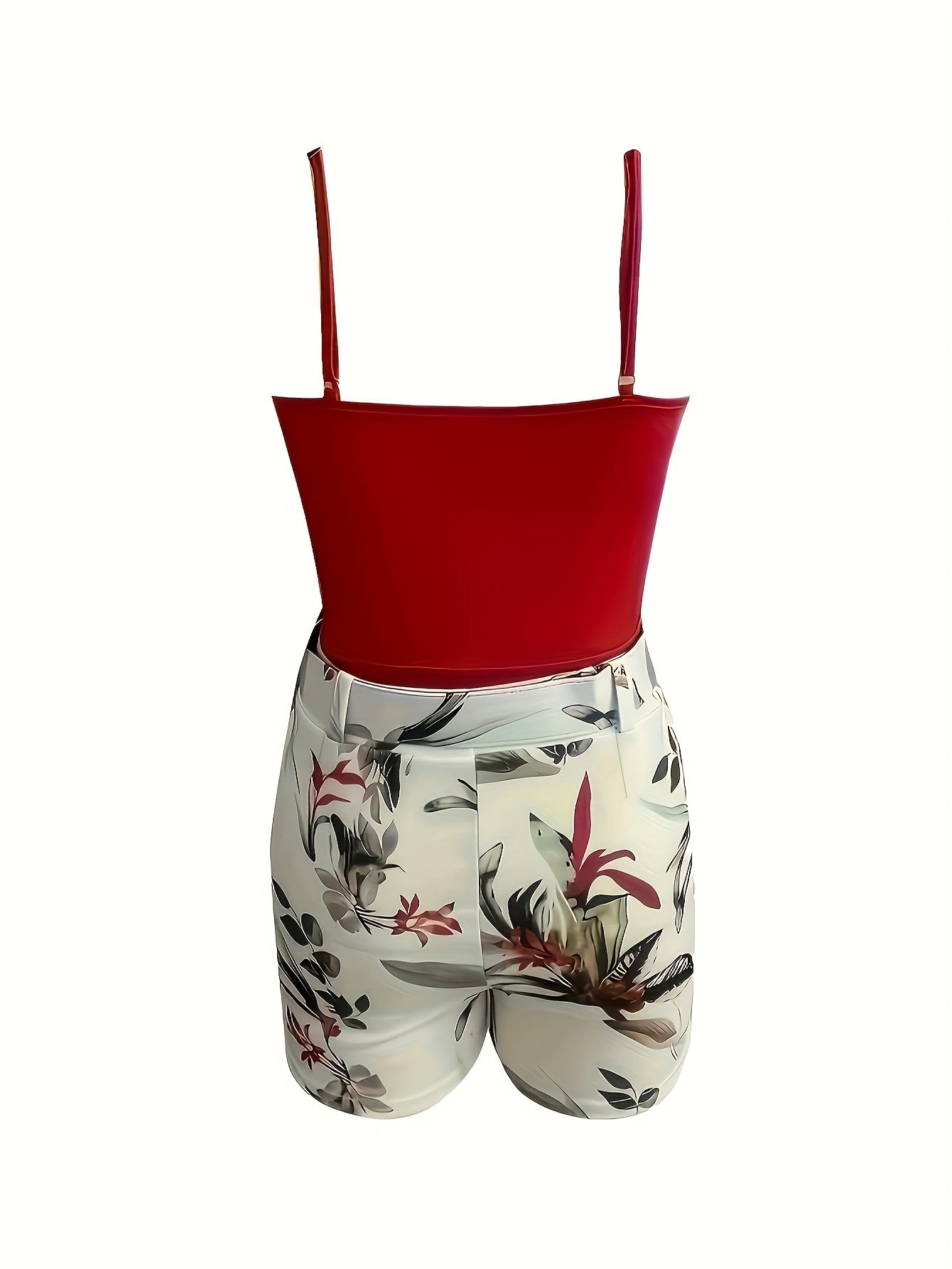 Casual Two-piece Set, Solid V Neck Cami Top & Floral Print Shorts Outfits, Women's Clothing