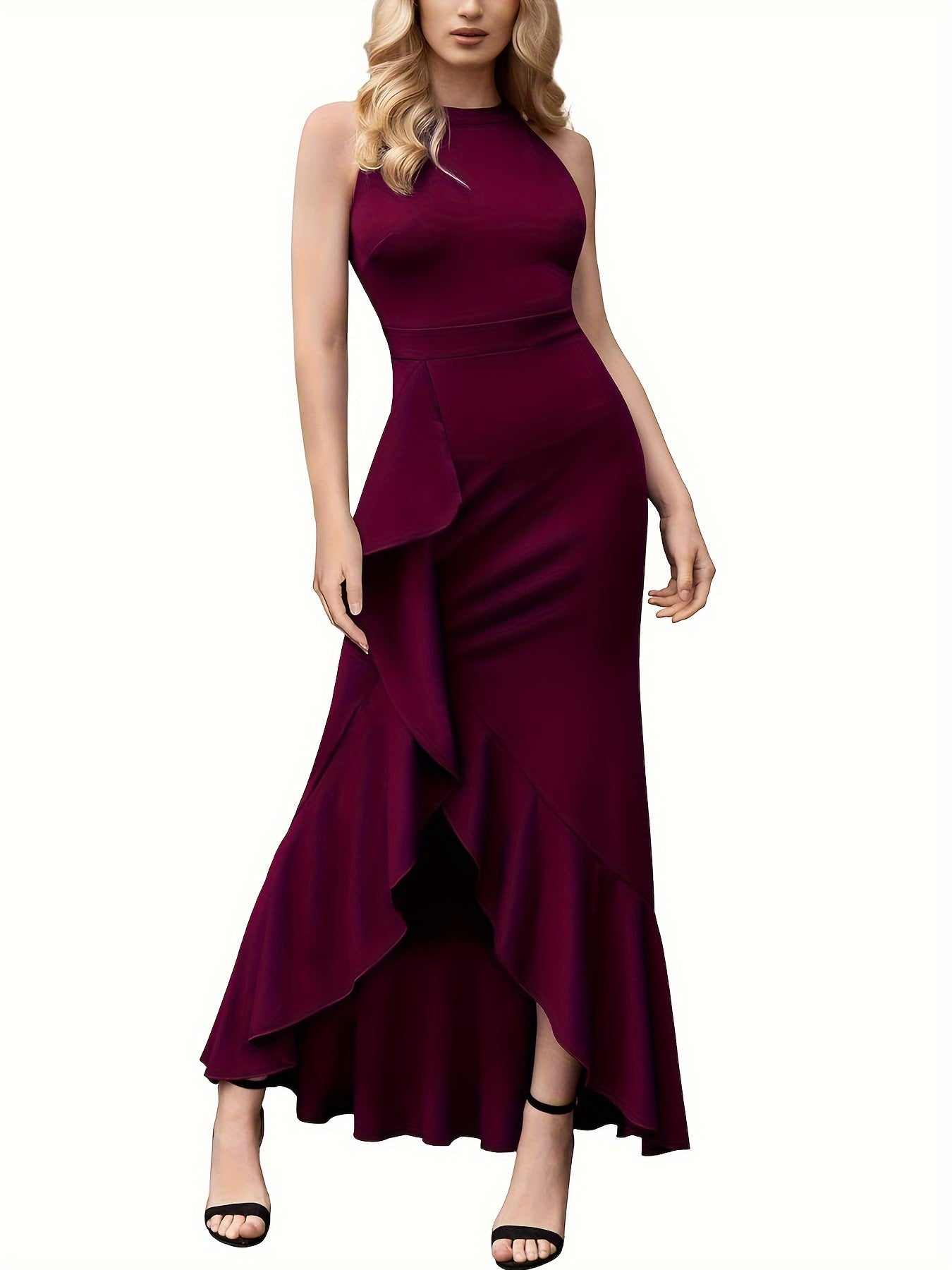 Women's Polyester And Spandex Blend Elegant Dress With V-Neck, Machine Washable, Suitable For All Seasons