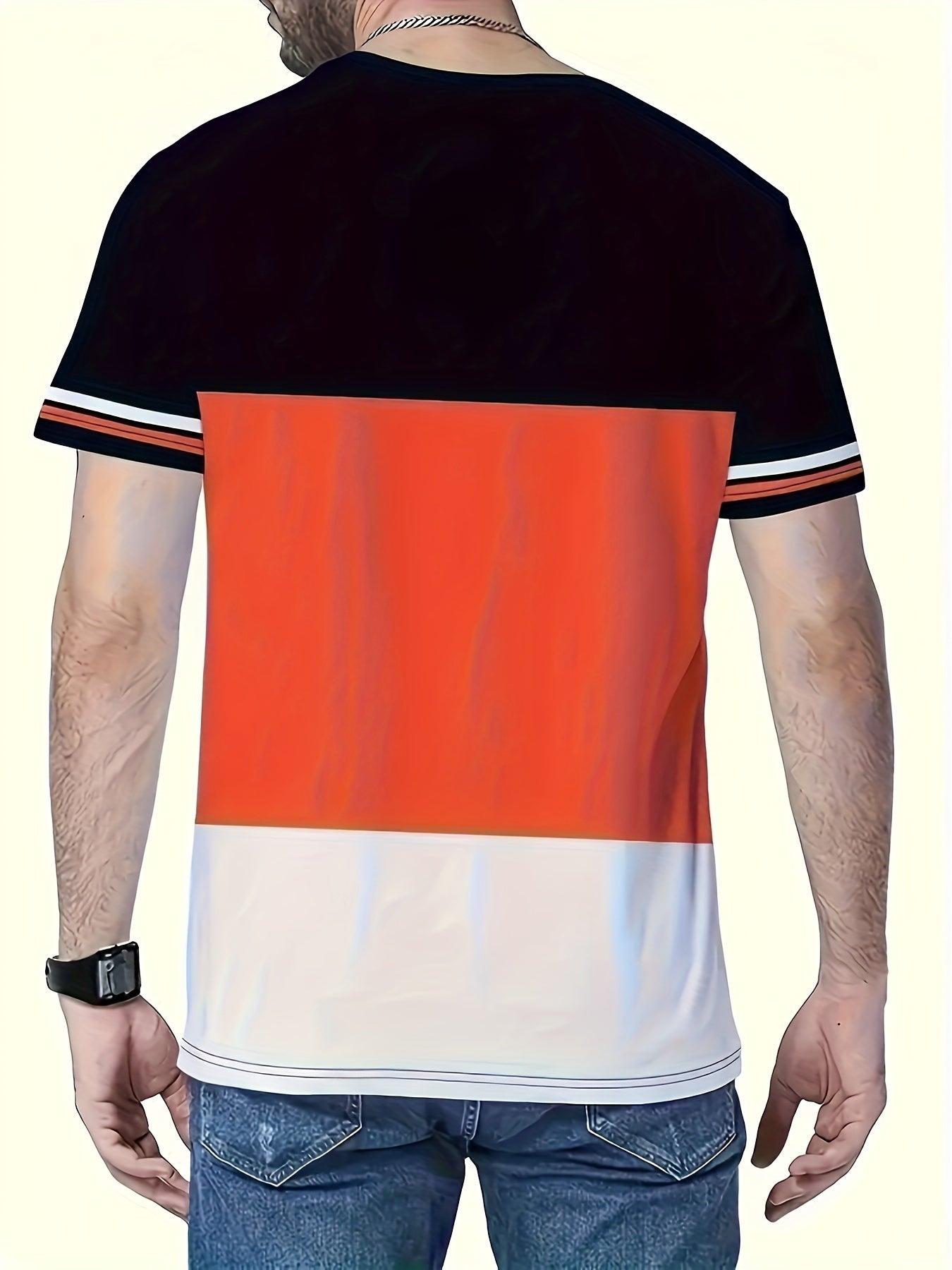 Men's Summer Classic Fashion, KING Graffiti Letter Print And Color Block Stripe Pattern Crew Neck And Short Sleeve T-shirt, Chic Leisure Tops For Daily Outerwear