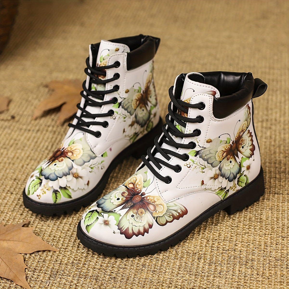 Women's Trendy Butterfly Printed Boots, Fashion Lace Up Short Boots, Women's Comfortable Boots