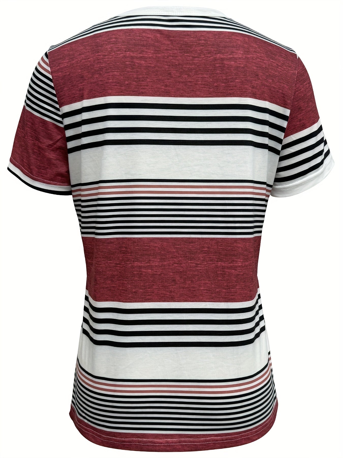 Striped Print Short Sleeve T-shirt, Casual Button Front Crew Neck Top For Spring & Summer, Women's Clothing