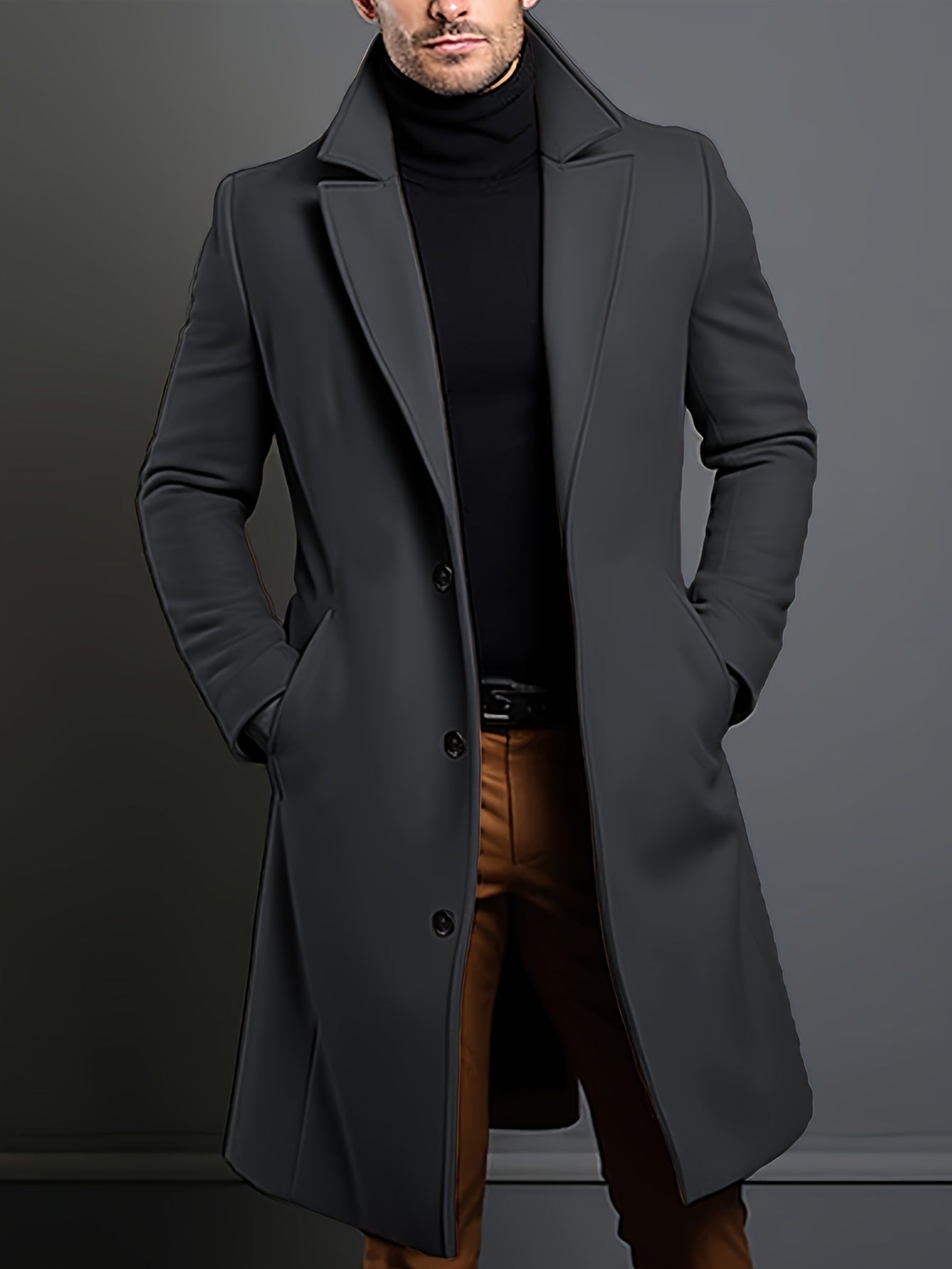 Men's Casual Wool Blend Long Sleeve Overcoat, Classic Solid Color, Tailored Fit, Notched Lapel, Button-Placket, Suitable For Daily Wear, Business, And Autumn/Winter Seasons