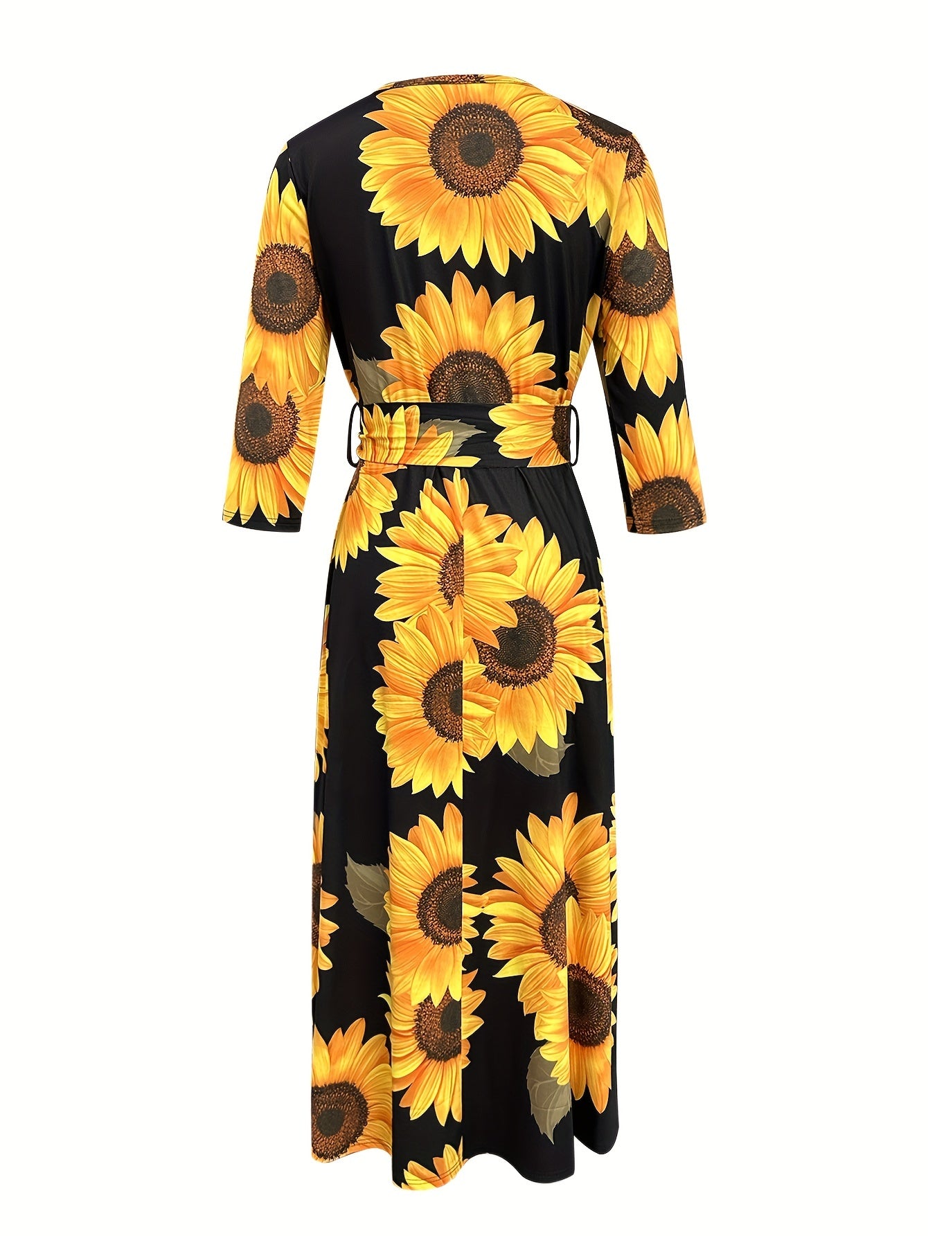 Sunflower Print Dress, Casual V Neck 3/4 Sleeve Dress, Women's Clothing