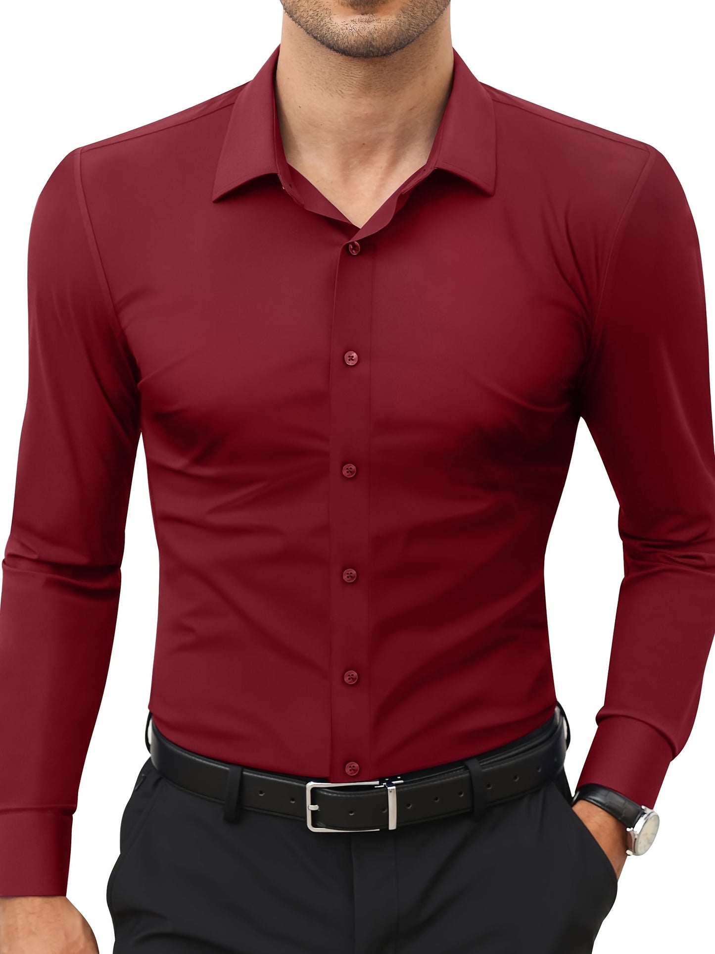 Basic Solid Men's Daily Stretch Formal Dress, Men's Slim Fit Long Sleeve Button Up Shirt, Spring Fall