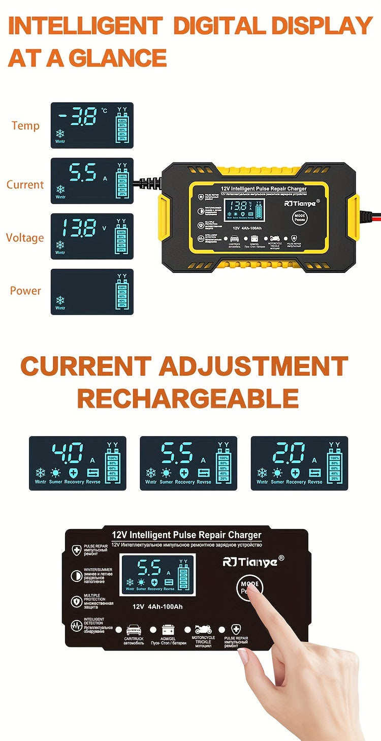 Car Battery Charger, 12V 2Ah-100Ah Smart Battery Trickle Charger Automotive Battery Maintainer Desulfator With Temperature Compensation