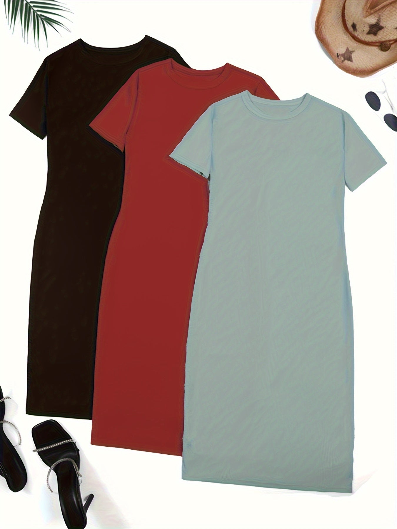 Simple T-shirt Dress 3 Pack, Casual Crew Neck Short Sleeve Dress, Women's Clothing