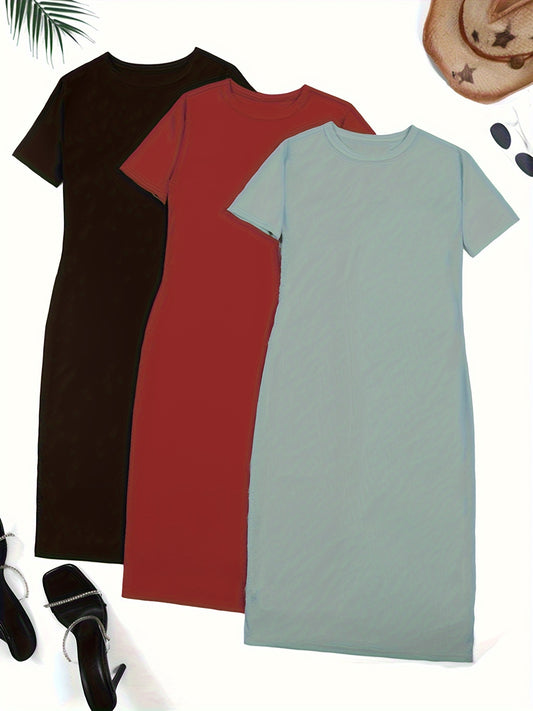 Simple T-shirt Dress 3 Pack, Casual Crew Neck Short Sleeve Dress, Women's Clothing