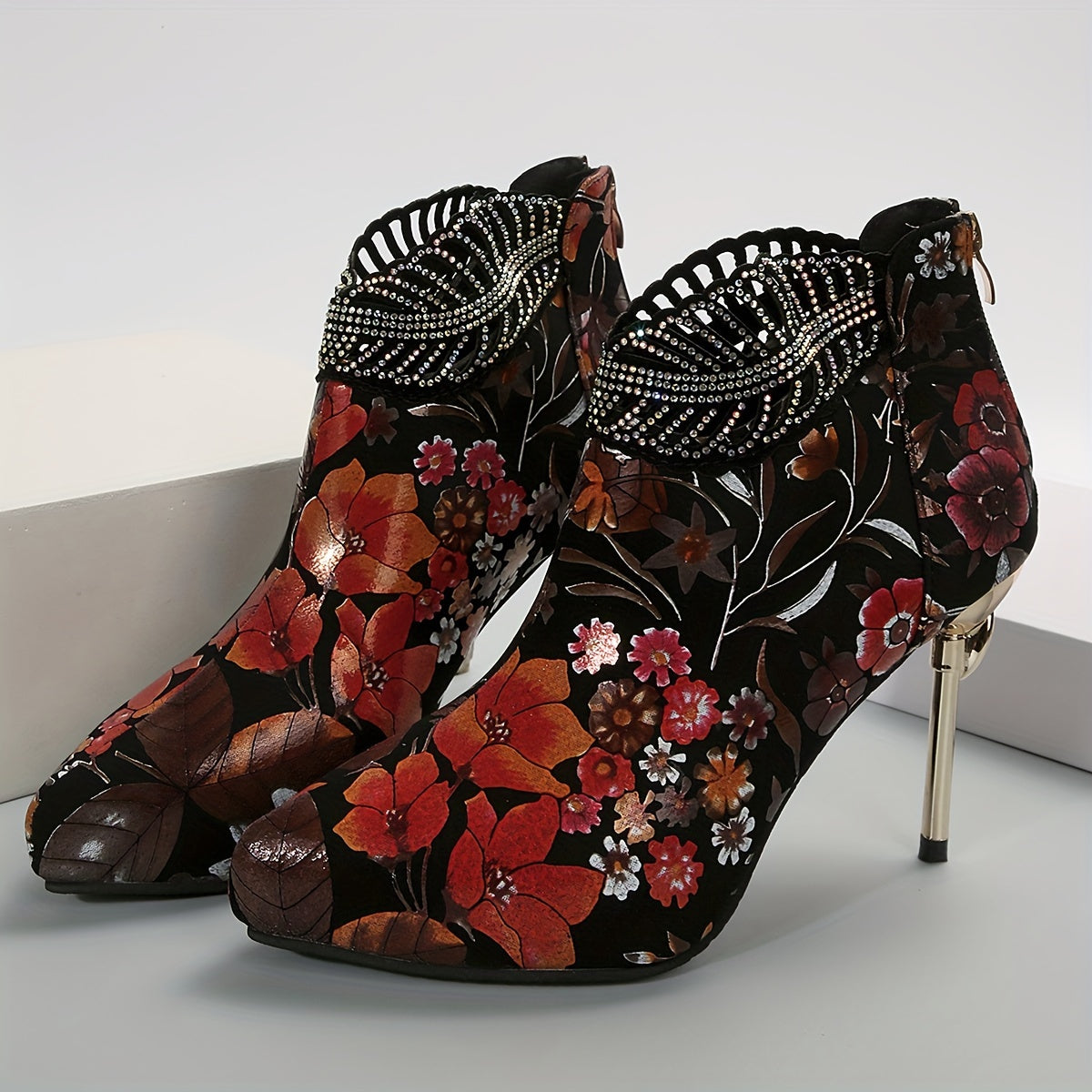 Women's Floral Pattern Platform Boots, Back Zipper Casual Stiletto Rhinestone Decor Shoes, Trendy Point Toe Boots