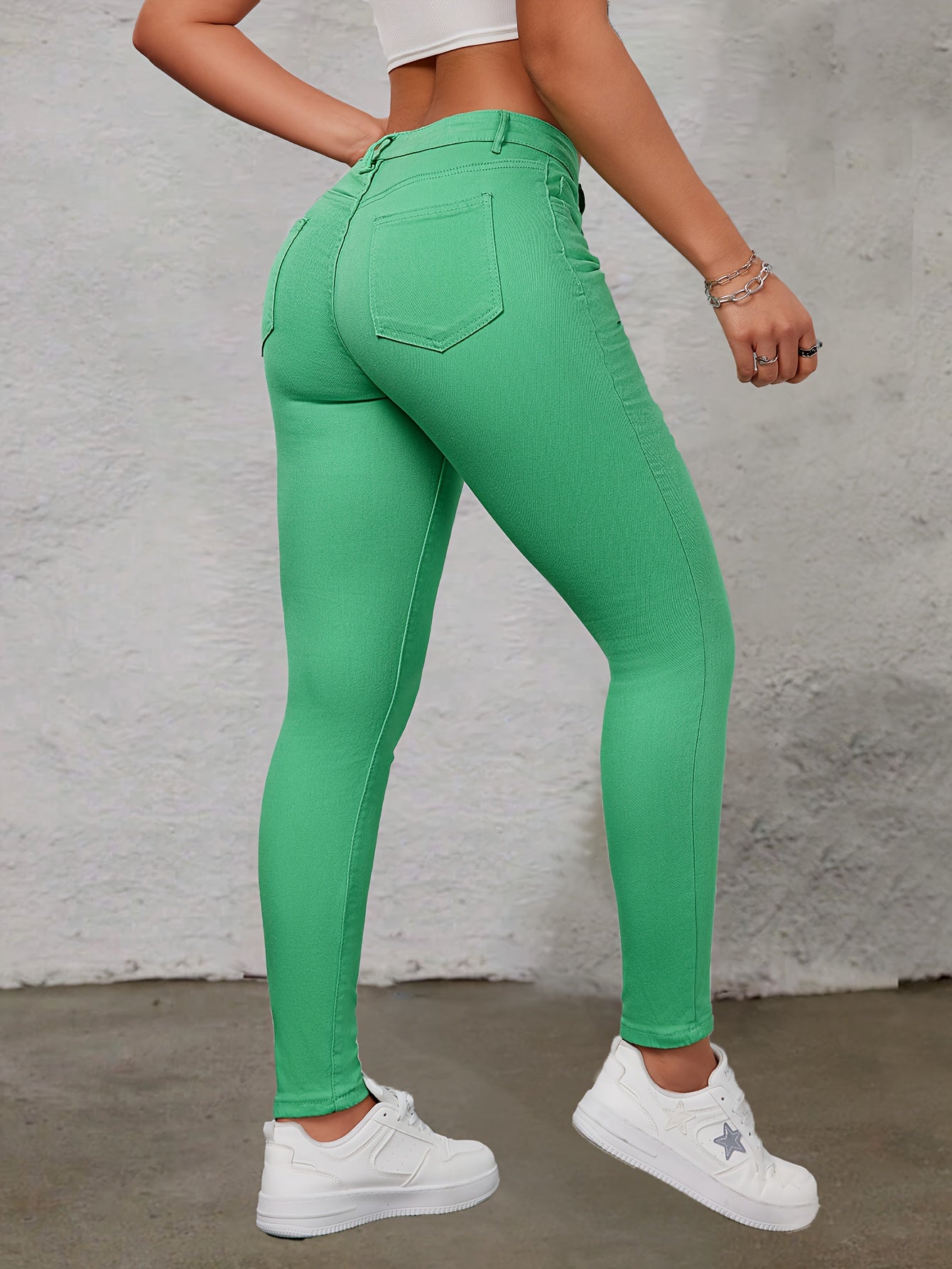 Plain Green Skinny Fit Stretchy Chic Style Zipper Button Closure Denim Pants, Women's Denim Jeans & Clothing