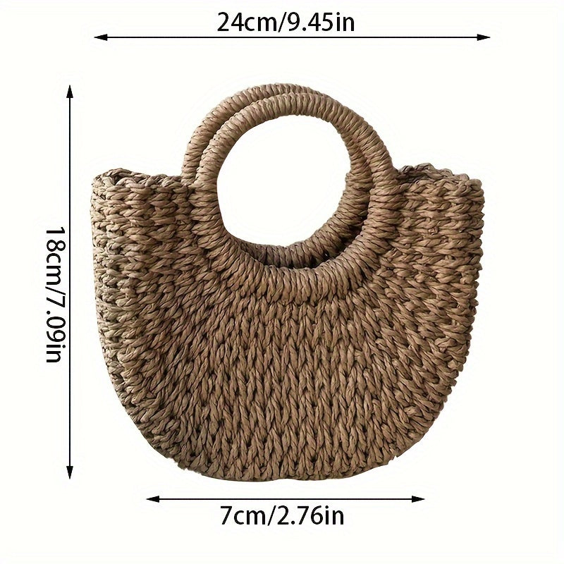 Khaki PVC Woven Straw Bag, Half-Round Hand Washable Summer Beach Handbag, Women's Casual Crossbody Vacation Essential