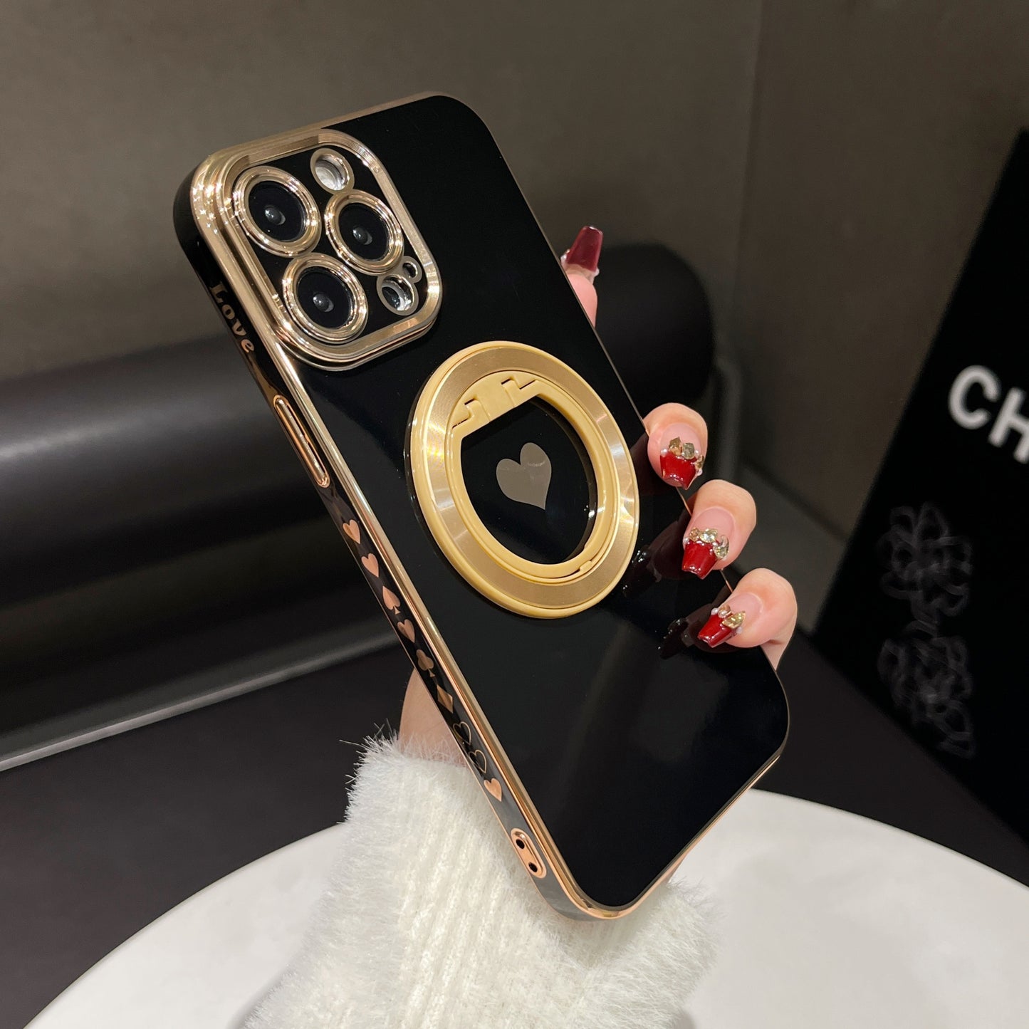 Electroplated Heart-shaped Solid Color Stand For Phone Case Suitable For IPhone 15Promax/15/15Pro/15plus/14Promax/14Pro/14/14plus/13Promax/13Pro/13/12Promax/12Pro/12 Protective Case