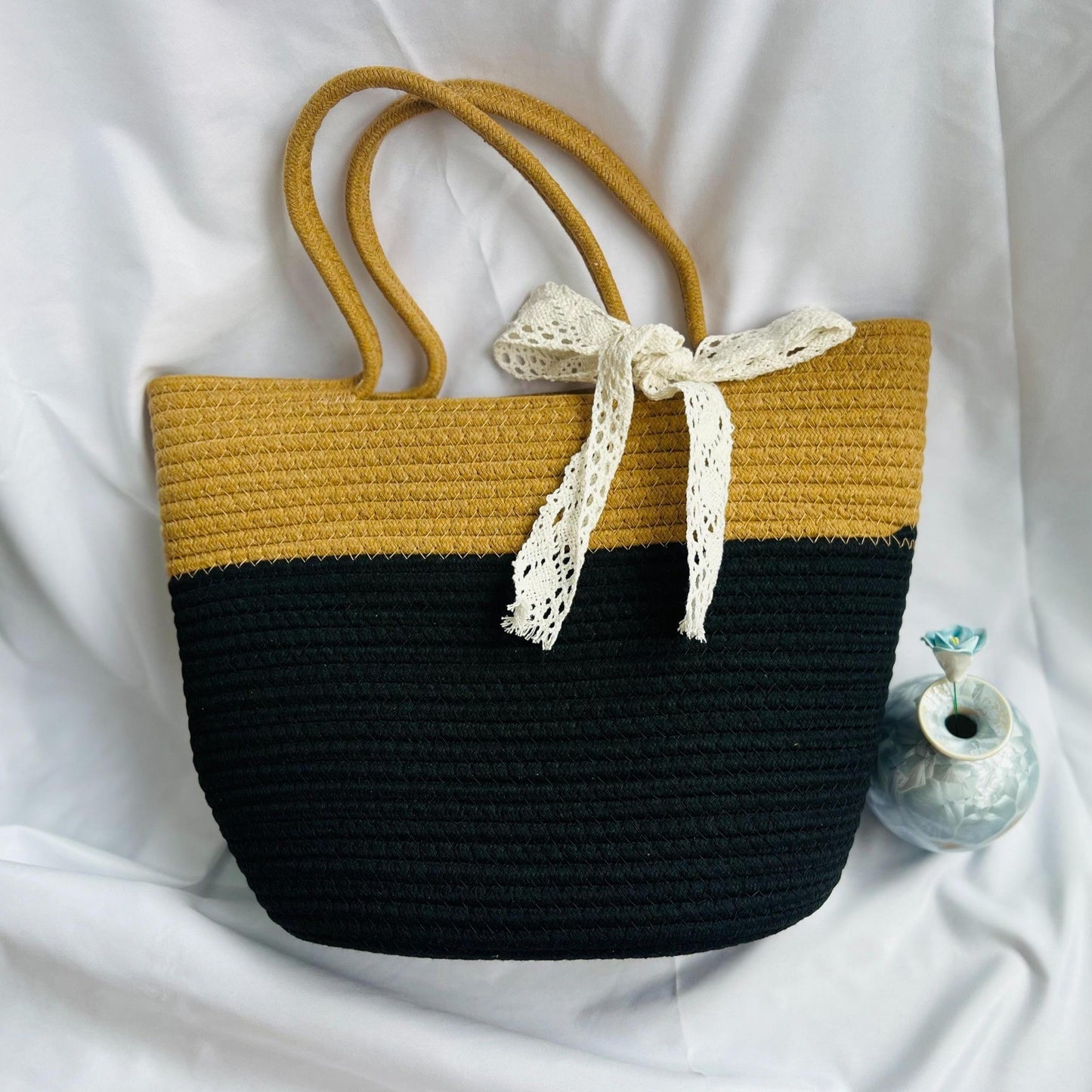 Elegant Striped Cotton Tote Bag for Women - Fashionable Beach & Commuter Shoulder Handbag with Bow Detail, Large Capacity