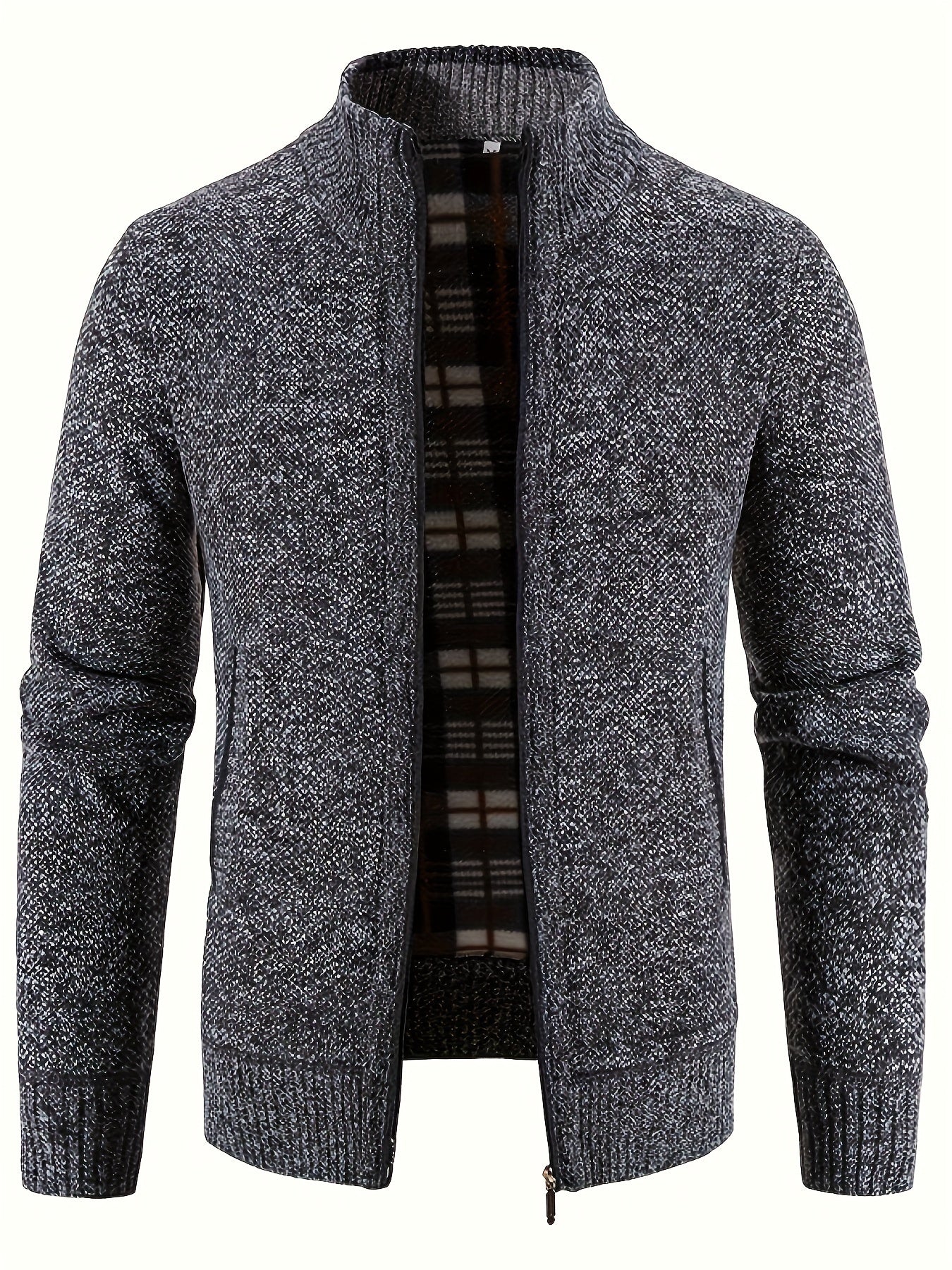 Warm Stand Collar Jacket, Men's Casual Comfortable Zip Up Zipper Pockets Knitted Cardigan For Fall Winter