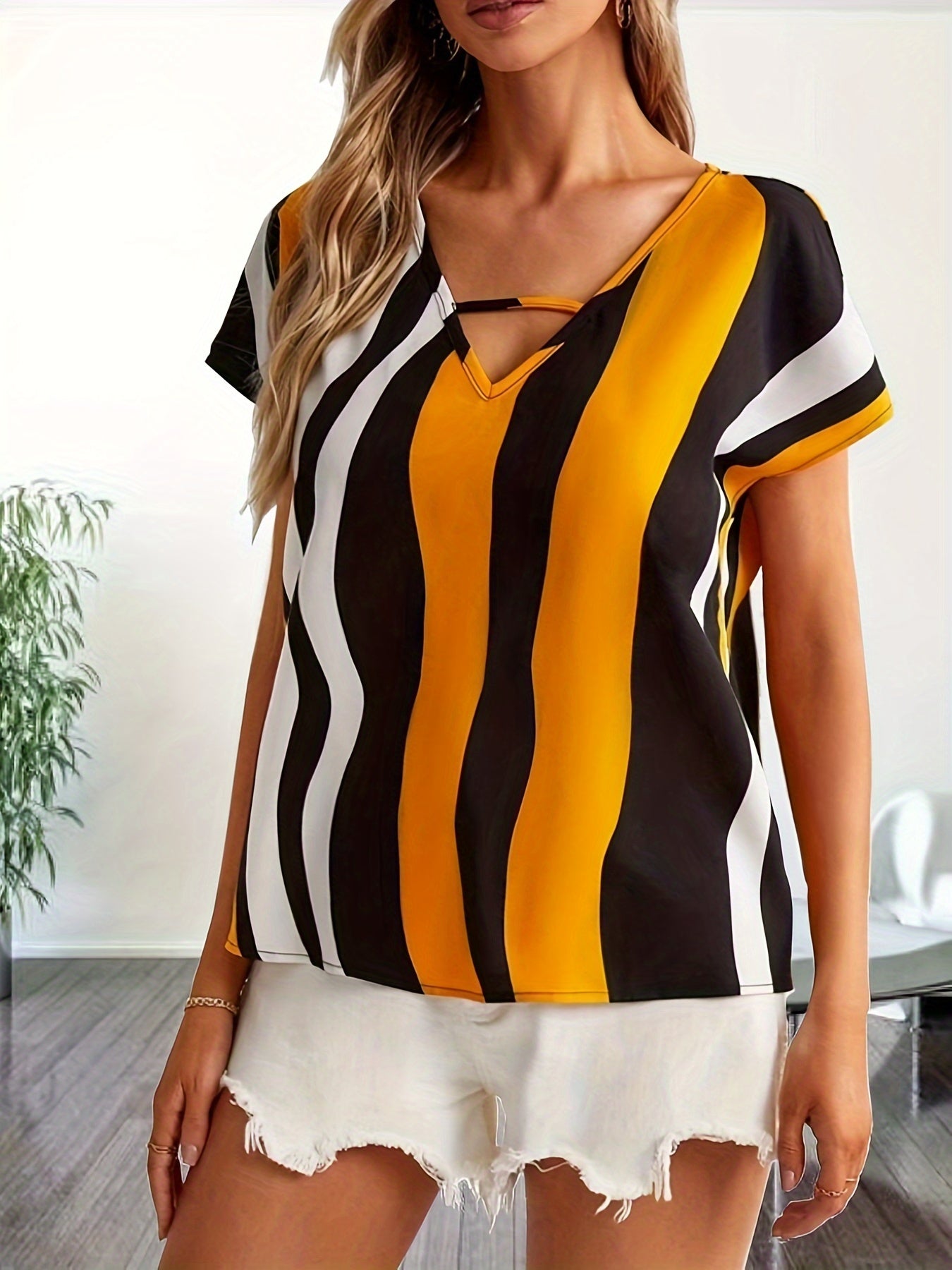 Color Block Striped V Neck Blouse, Elegant Short Sleeve Blouse For Spring & Summer, Women's Clothing