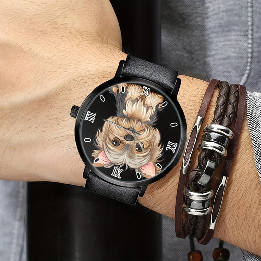 Stylish Quartz Analog Wristwatch with Cute Dog Design - Stainless Steel Case, Faux Leather Strap for Men & Women