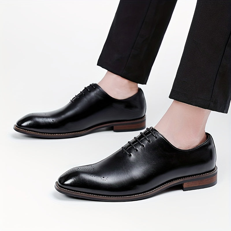 Men's Solid Color Split Cow Leather Upper Plain Toe Oxford Shoes, Comfy Non Slip Rubber Sole Lace Up Durable Formal Shoes, Men's Footwear