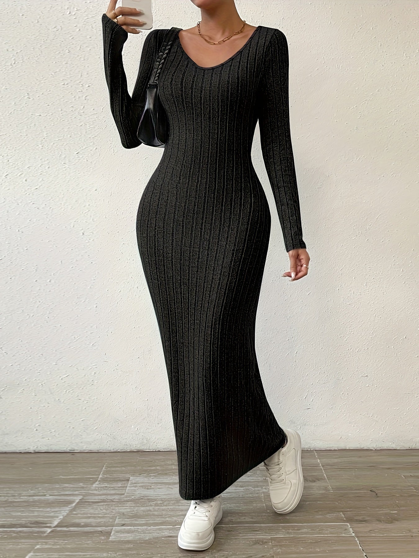 Ribbed Solid Dress, Casual Crew Neck Long Sleeve Maxi Dress, Women's Clothing