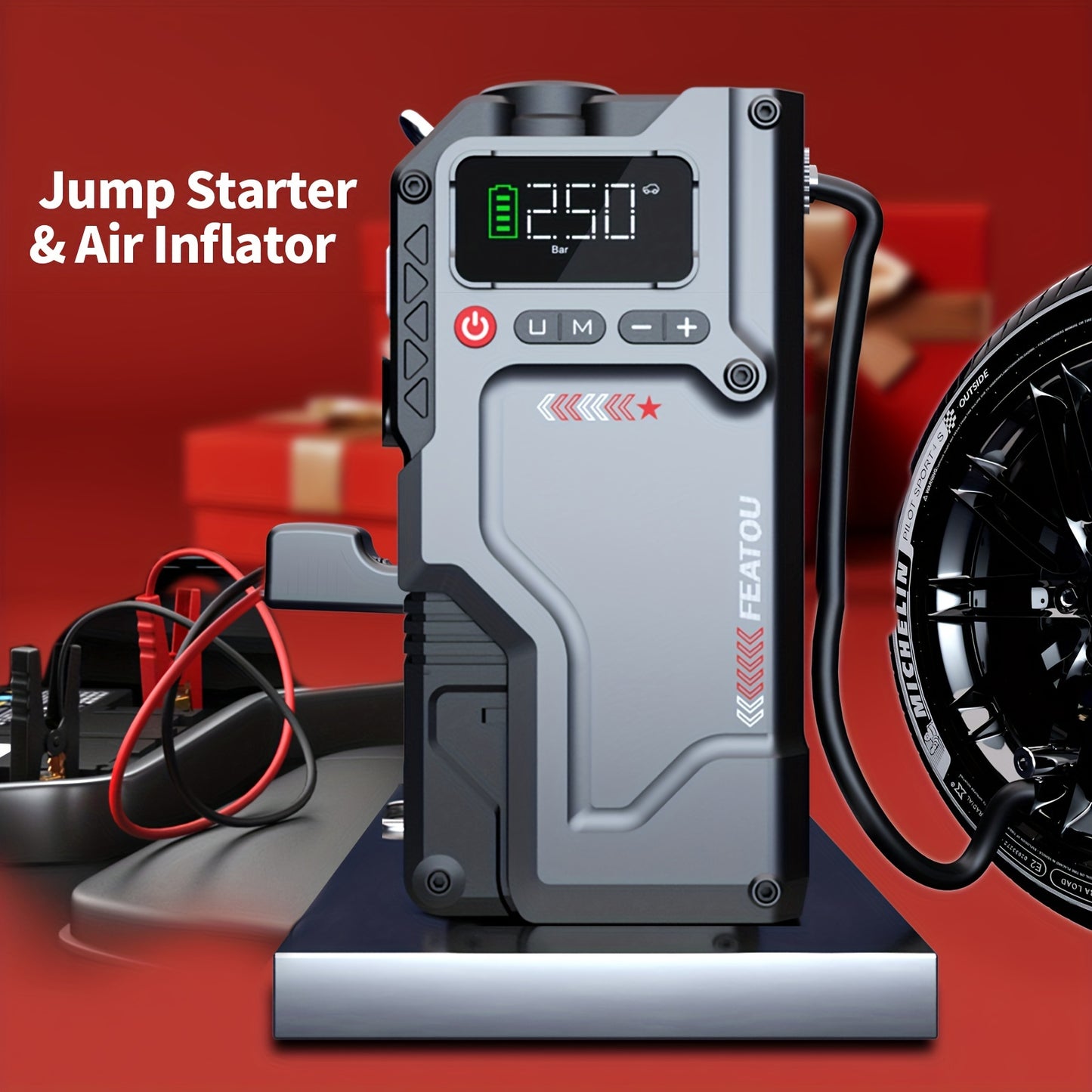 Jump Starter With Air Compressor, 5 In 1 Function Jump Box 5000A Peak 150PSI Jump Starter Battery Pack With Digital Tire Inflator, Car Battery Charger Portable For 10.L Gas Or 2.38gal Diesel QC18W Fast Charging USB Output, LE