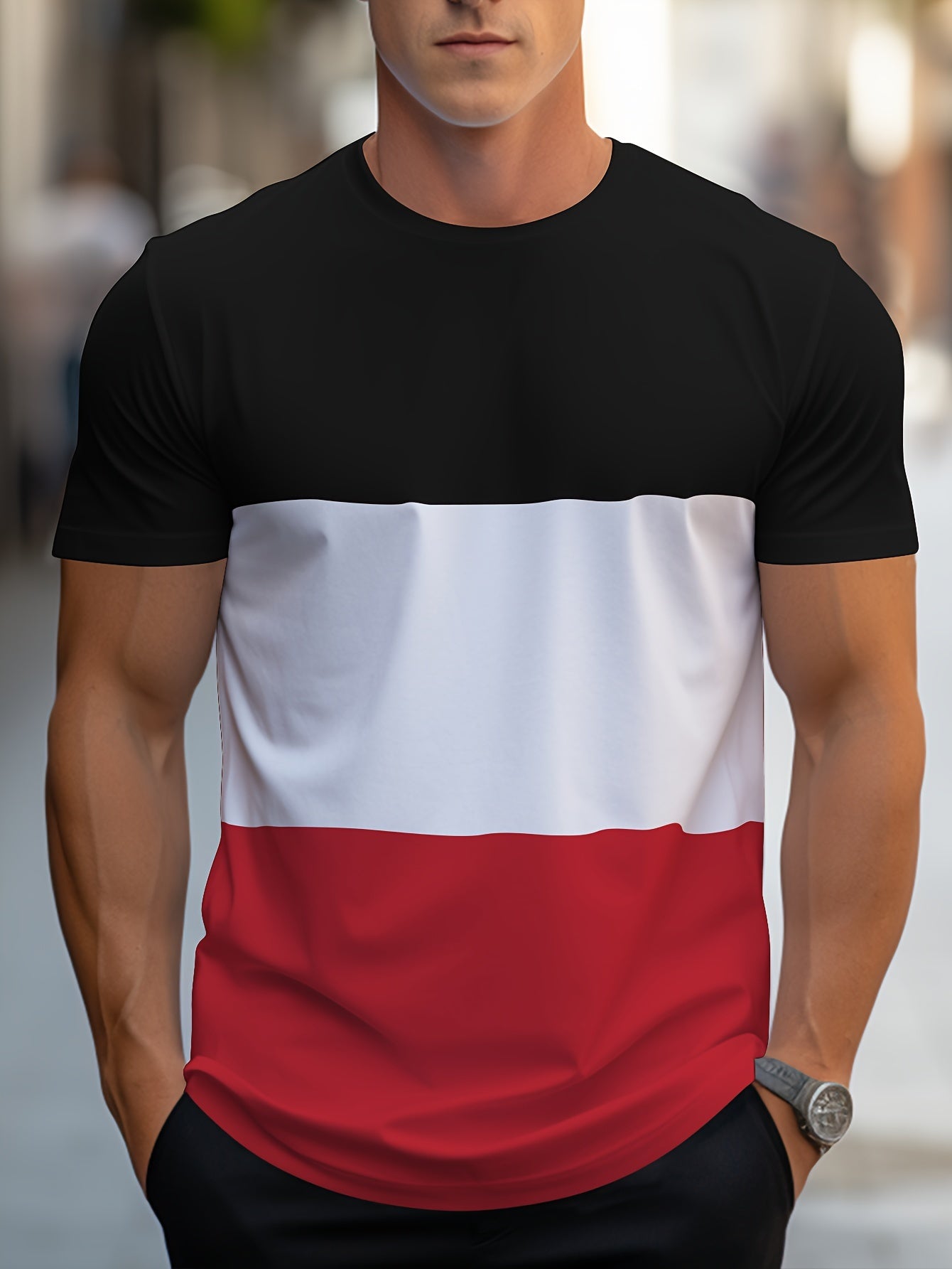 Men's Contrast Color Stripe Pattern Print T-shirt With Crew Neck And Short Sleeve, Casual And Comfy For Summer Leisurewear