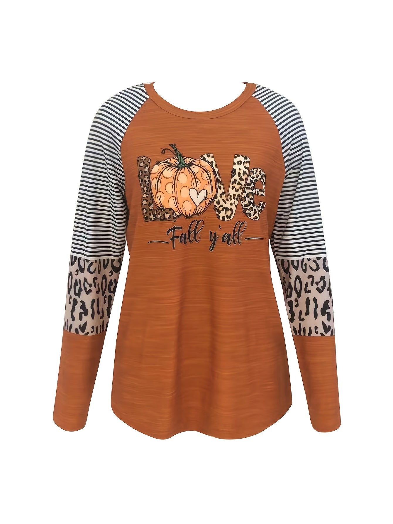 Pumpkin & Letter Print T-Shirt, Halloween Crew Neck Long Sleeve T-Shirt, Women's Clothing