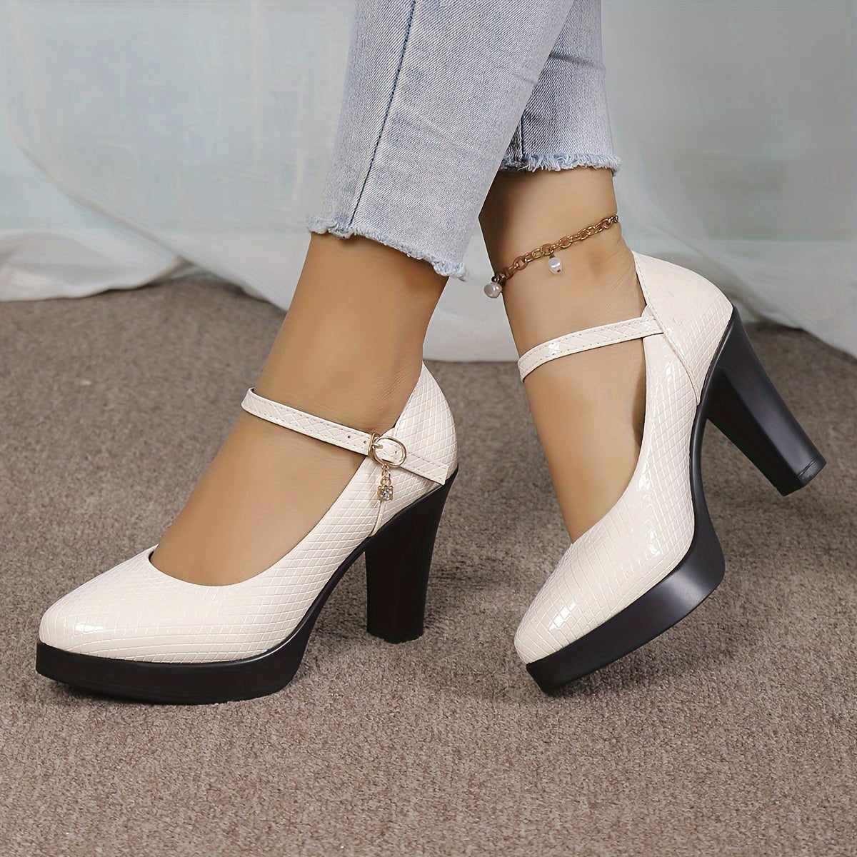 Women's Geometric Pattern Block Heels, Elegant Buckle Strap Dress Pumps, Women's Fashion Heels