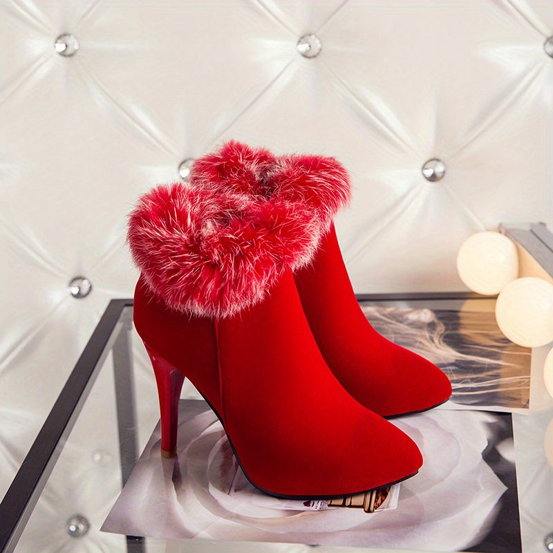 Women's Fluffy Stiletto Ankle Boots, Sexy Plush Lined Thermal Thin High Heels, Christmas Style Side Zipper Short Boots