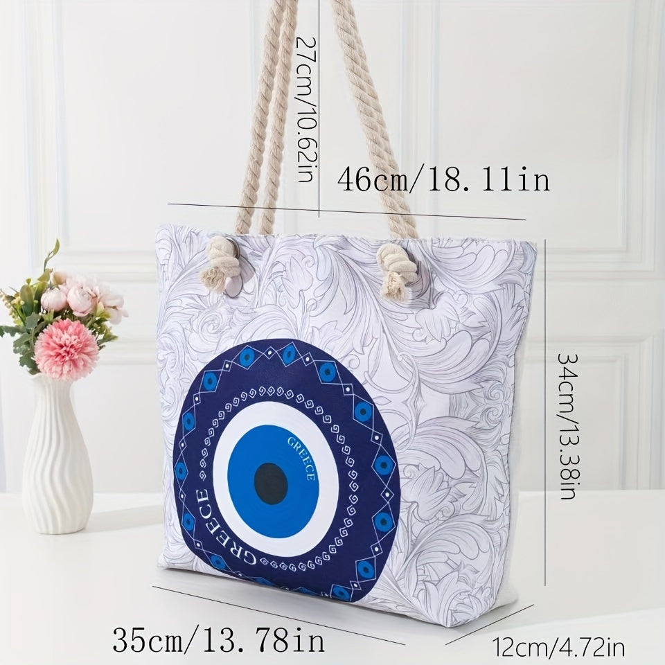 Fashion Evil Eye Print Shoulder Bag, Casual Vacation Simple Beach Large Capacity Tote Bag