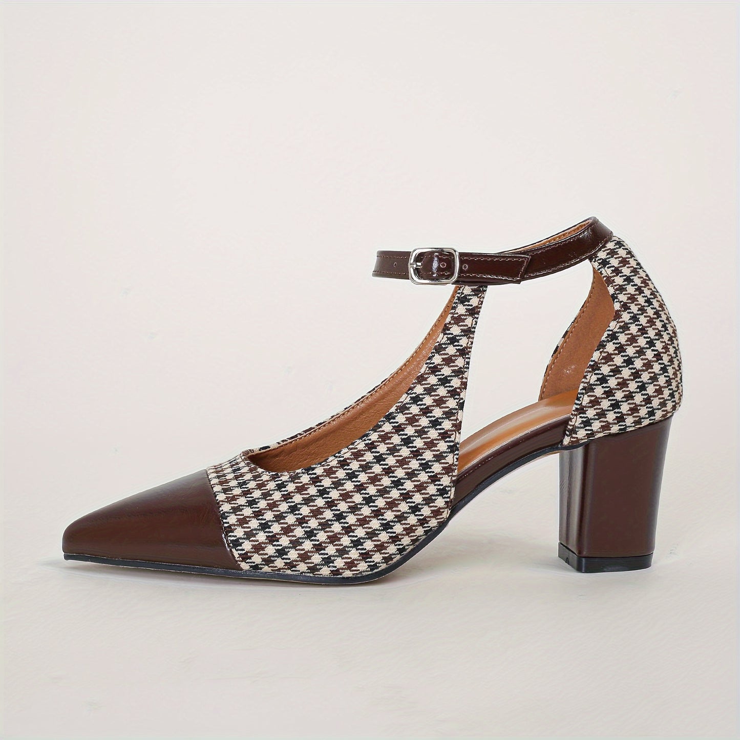 Women's Houndstooth Pattern Shoes, Ankle Buckle Strap Chunky Heel Soft Sole Shoes, Elegant Point Toe Dress Shoes