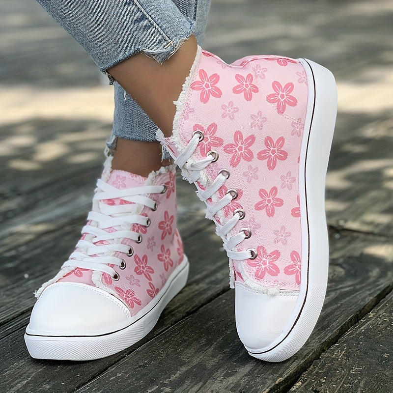 Women's High Top Canvas Shoes, Floral Printed Round Toe Lace Up Sneakers, Casual Flat Skate Shoes