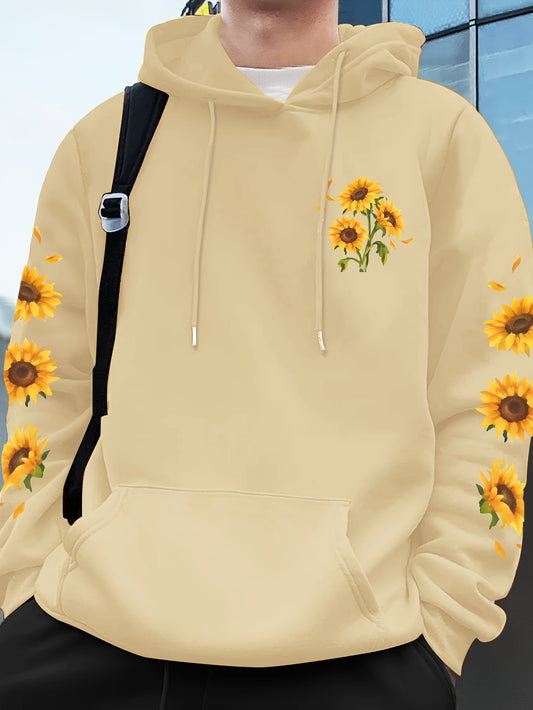 Sunflower Print Men's Pullover Round Neck Hoodies With Kangaroo Pocket Long Sleeve Hooded Sweatshirt Loose Casual Top For Autumn Winter Men's Clothing As Gifts