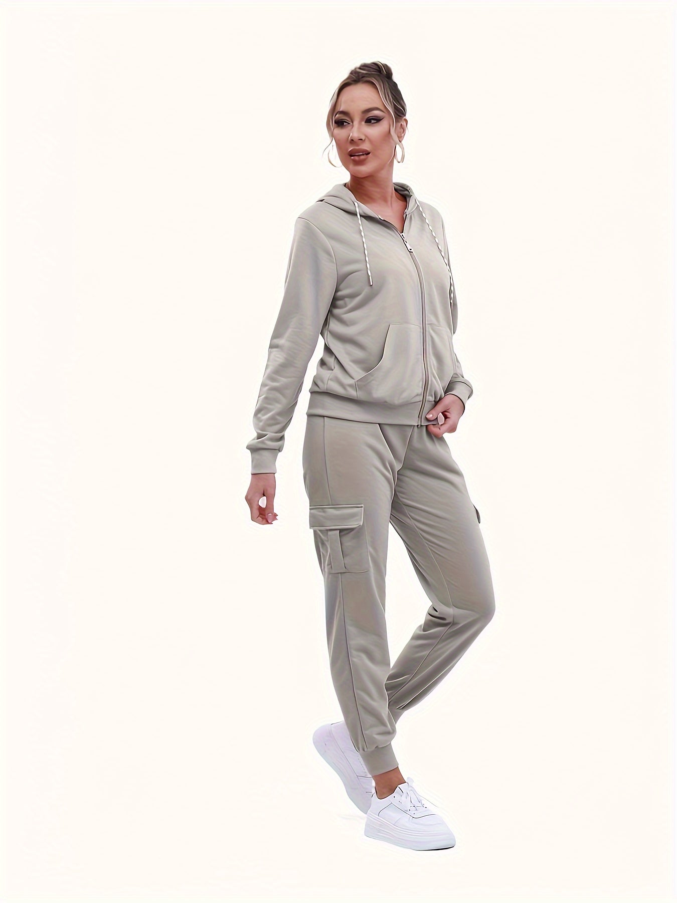 Solid Color Matching Two-piece Set, Casual Sporty Kangaroo Pocket Long Sleeve Zipper Drawstring Hoodie & Flap Pocket Jogger Pants Outfits, Women's Clothing