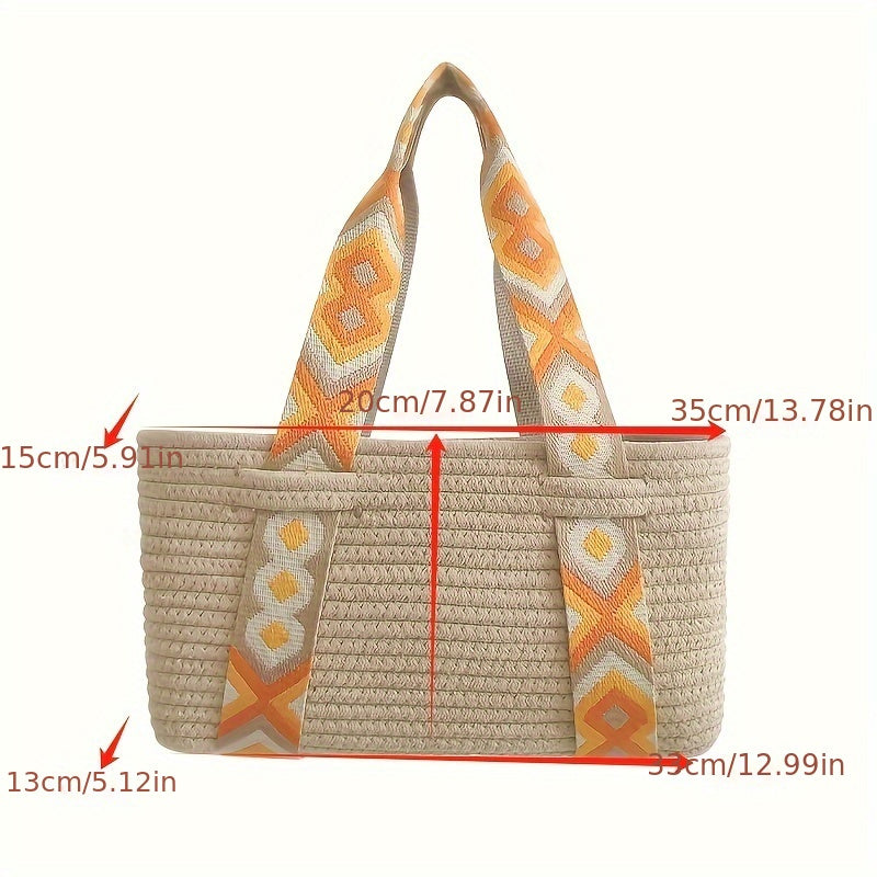 Boho Chic Handwoven Cotton Tote Bag for Women - Casual, Solid Khaki with Fixed Shoulder Strap, Open Top