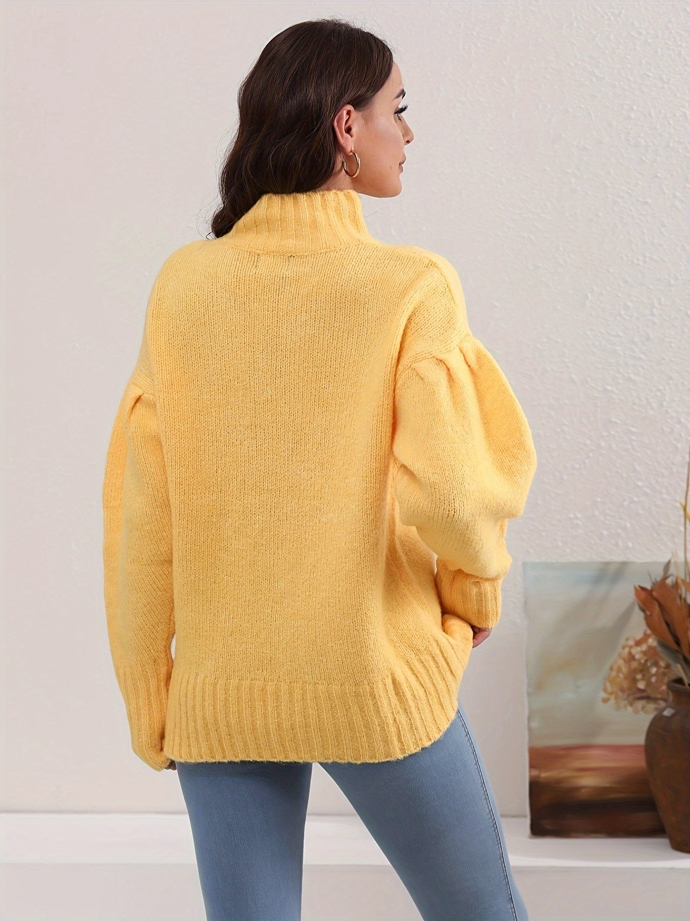 Solid Mock Neck Knit Sweater, Elegant Long Sleeve Pullover Sweater For Fall & Winter, Women's Clothing