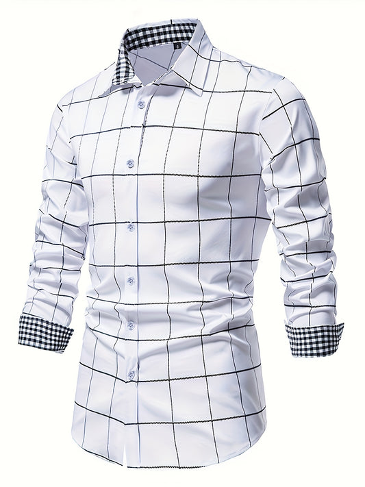 Men's Plaid Lapel Collar Design Dress Shirts, Long Sleeve Casual Button Up Shirt For Formal Occasions