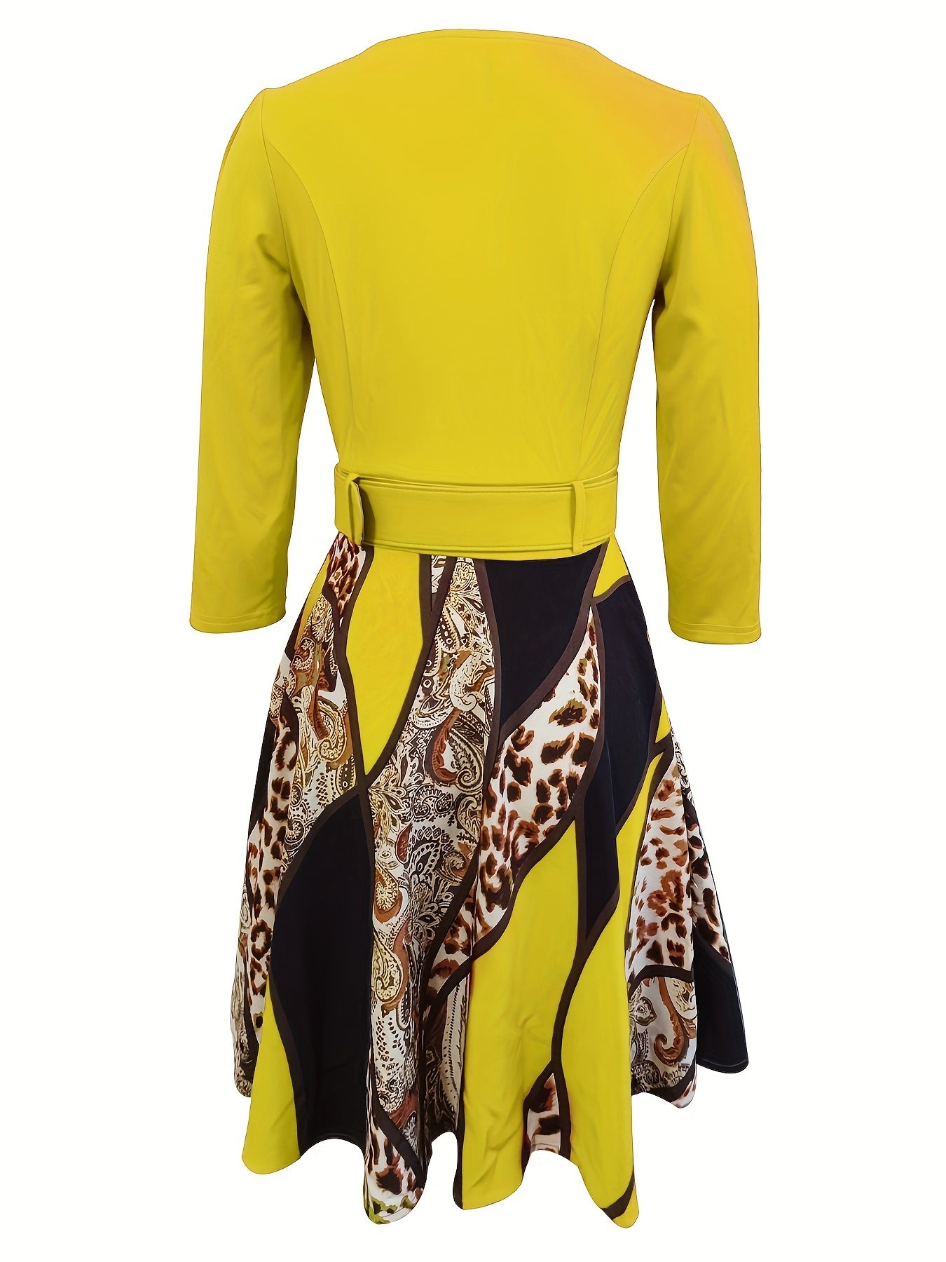 Solid Color Upper Body With Leopard Print Skirt Patchwork Dress, Casual Half Zipper 3/4 Sleeve Dress, Women's Clothing