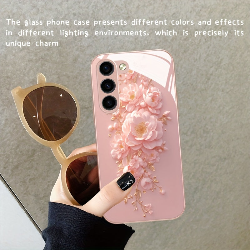 Pink Flower Glass Phone Case For SamSung For Galaxy Series - Compatible with s24/s24 plus/s24 ultra, s23/s23 plus/s23 ultra, s22/s22 plus/s22 ultra, s21/s21 plus/s21 ultra/s21 fe, s20/s20 plus/s20 ultra, A 03/a 04/a 13/a 14/a