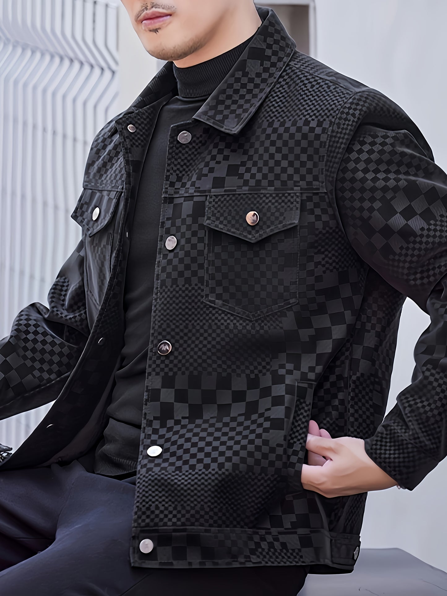 Men's Casual Checkerboard Pattern PU Leather Jacket, Button Up Lapel Jacket